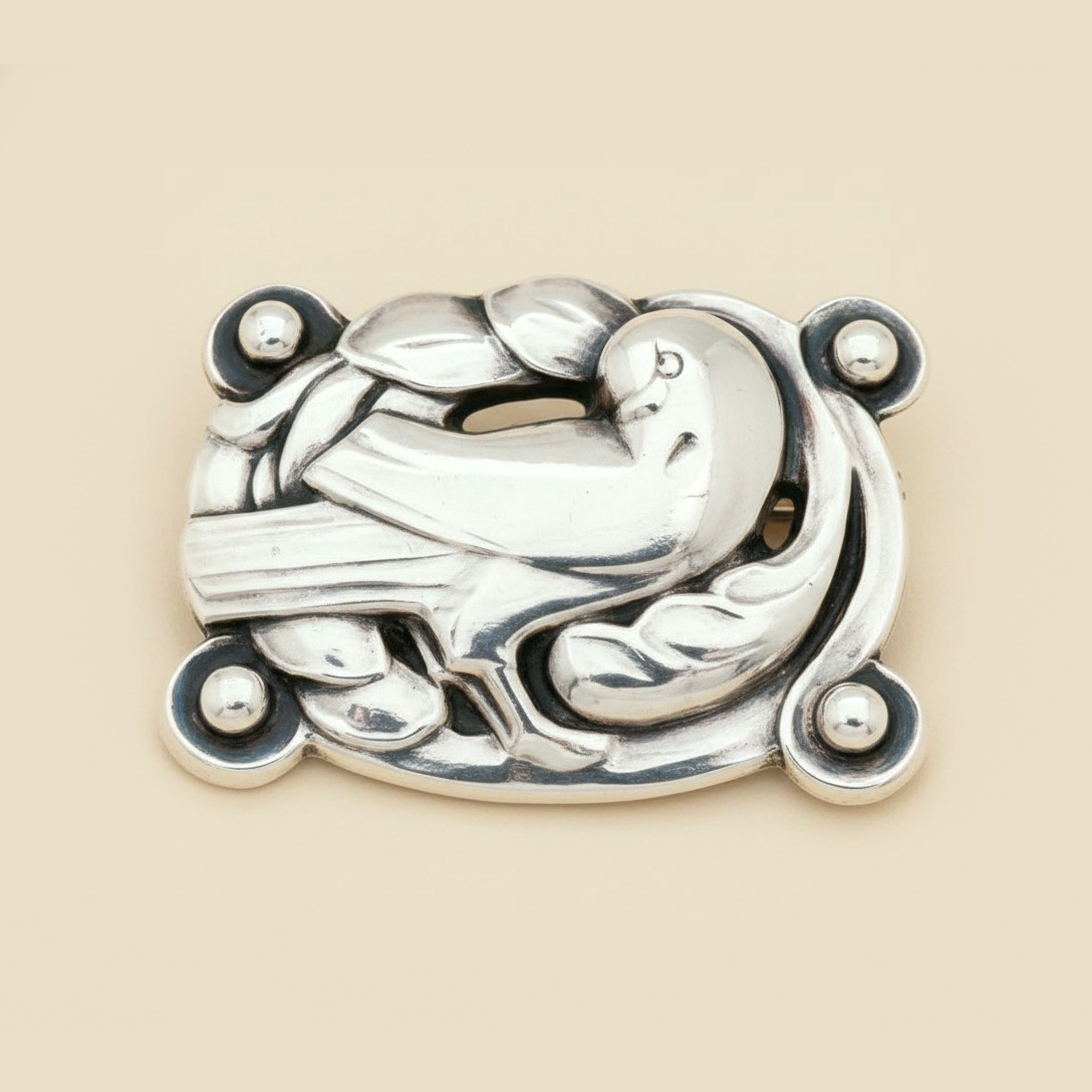 Rare Georg Jensen Sterling Silver Dove & Leaves Rectangular Pin