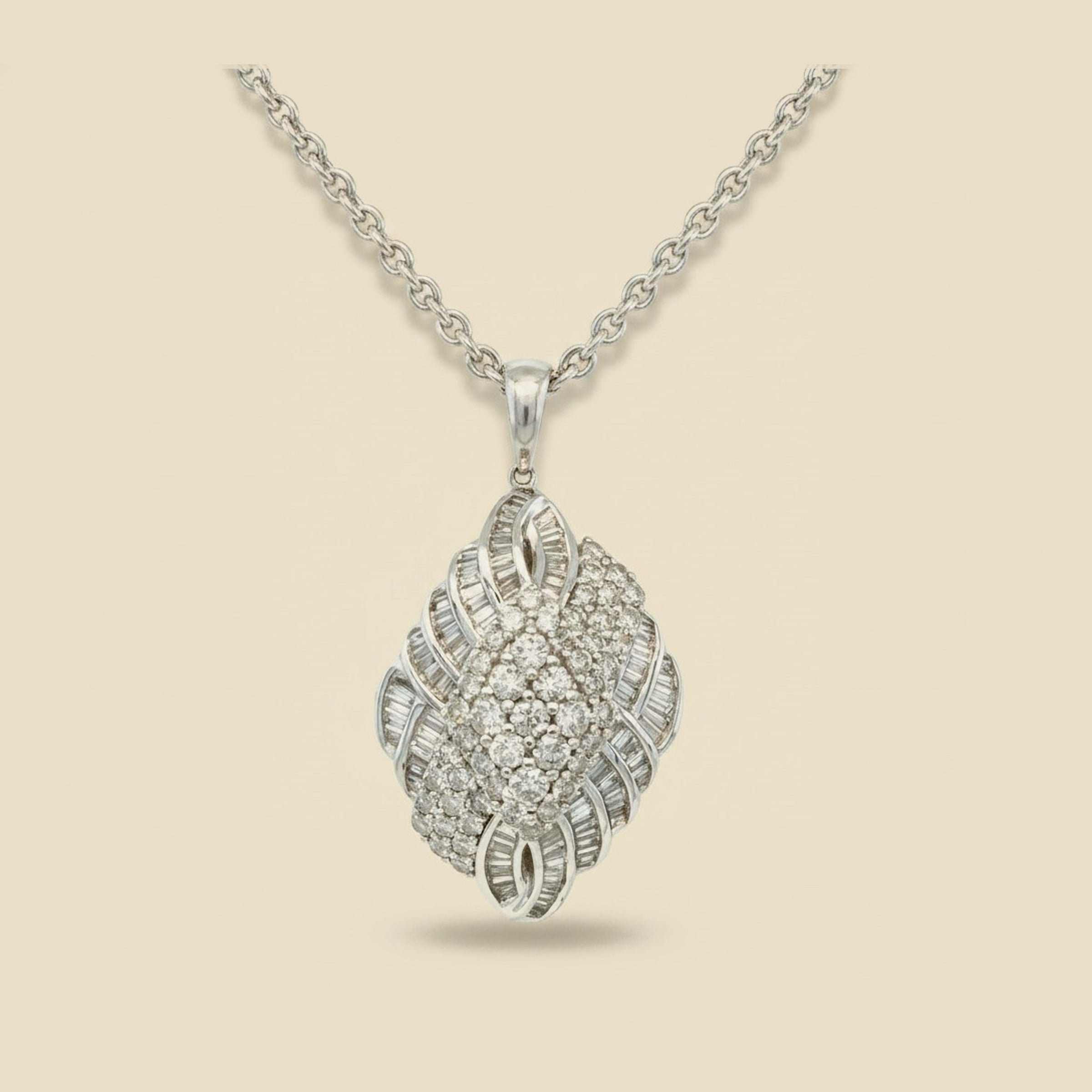 14K White Gold Baguette Diamond Cluster Pendant, 5.00 Carats