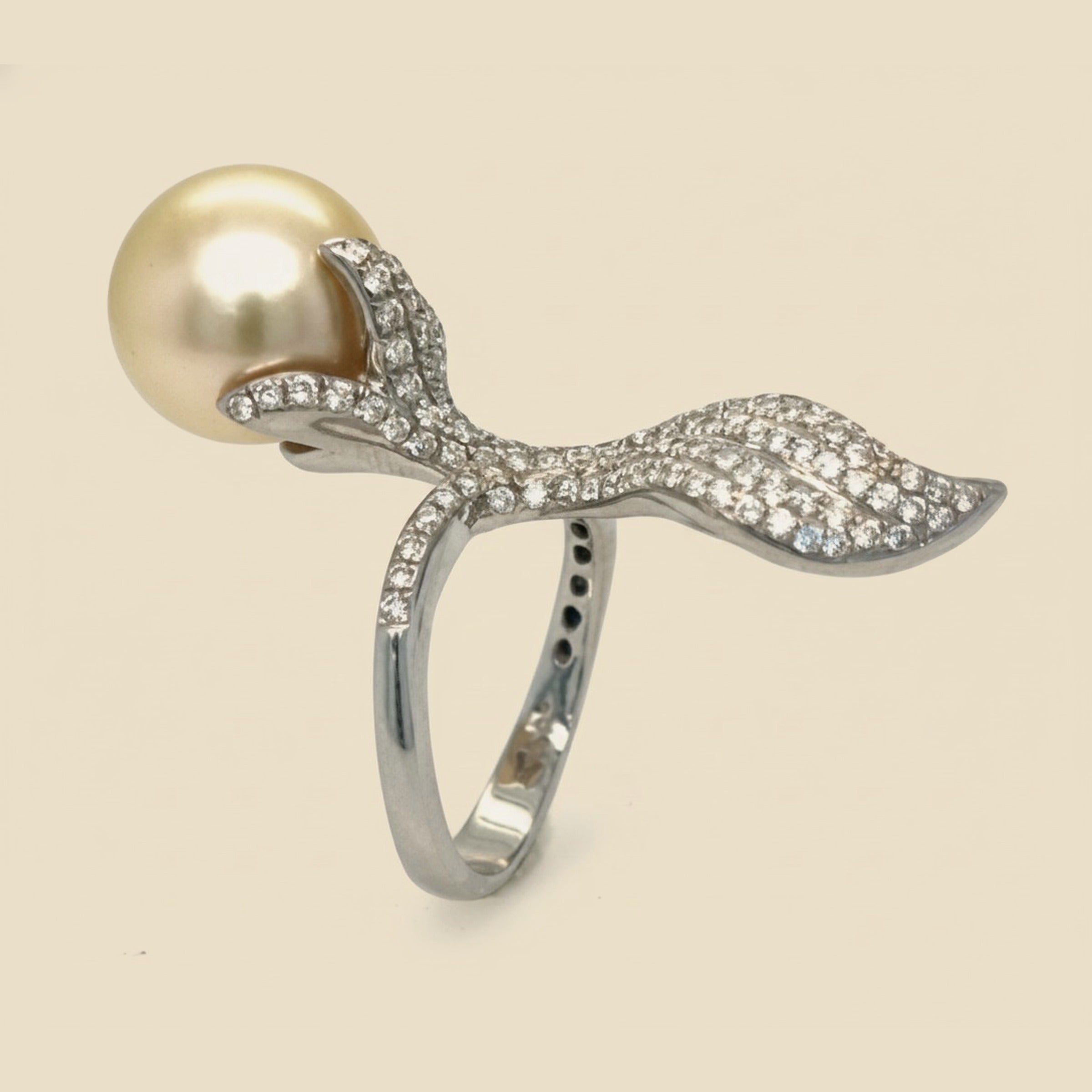 14k White Gold Pave Diamond and South Sea Pearl Ring