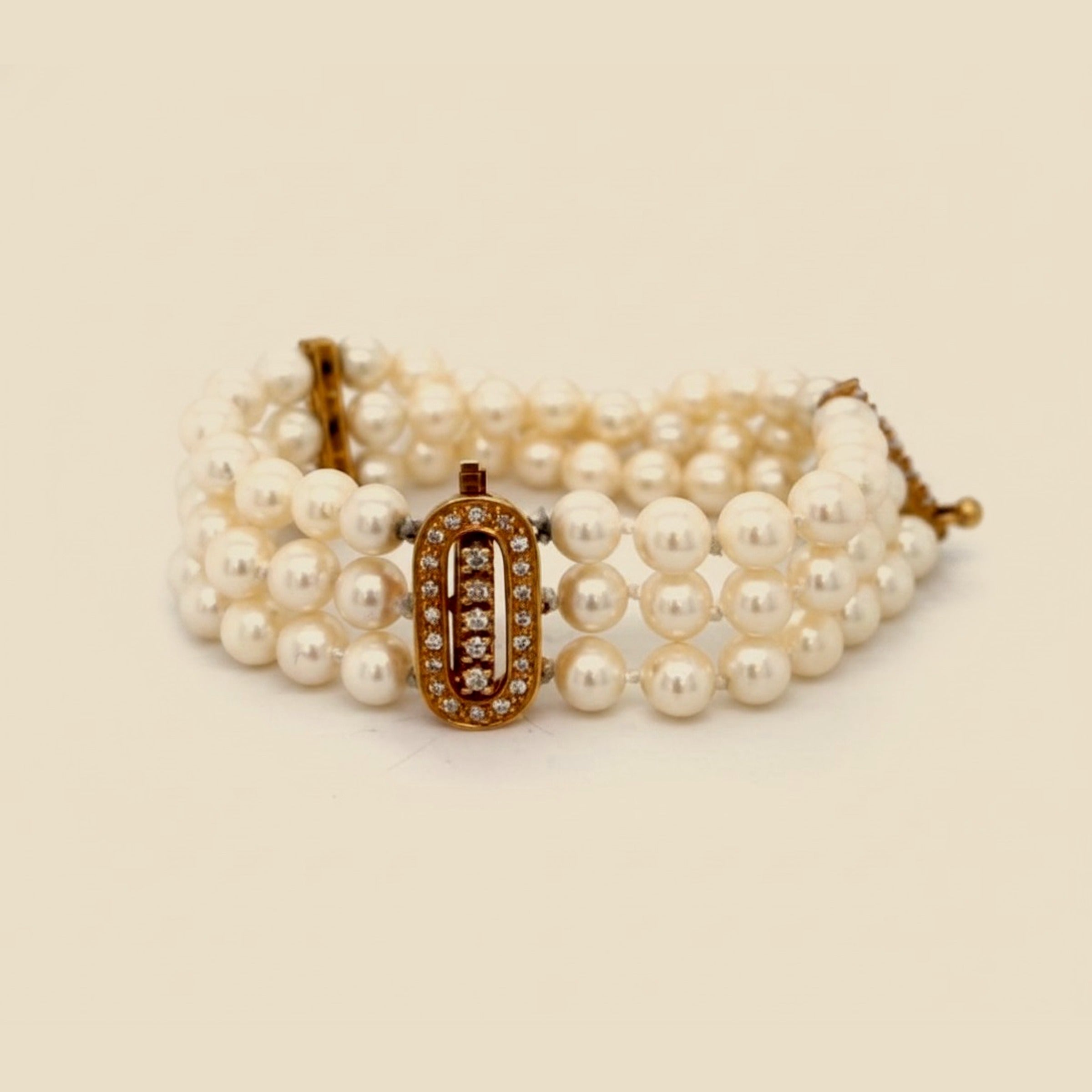 18k Yellow Gold 3 Row Pearl & Diamond Bracelet