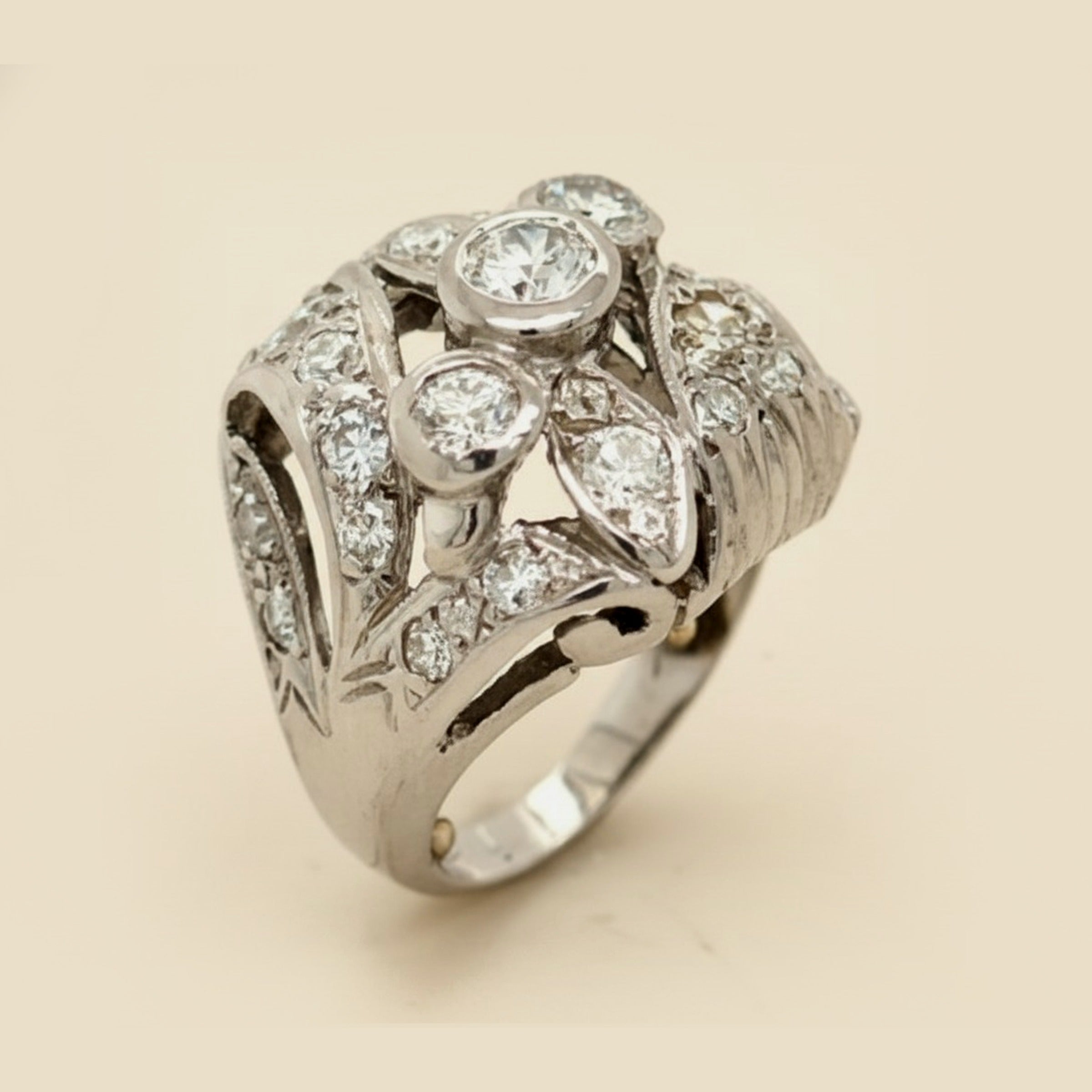 Art Deco 14K White Gold Openwork Diamond Cocktail Ring