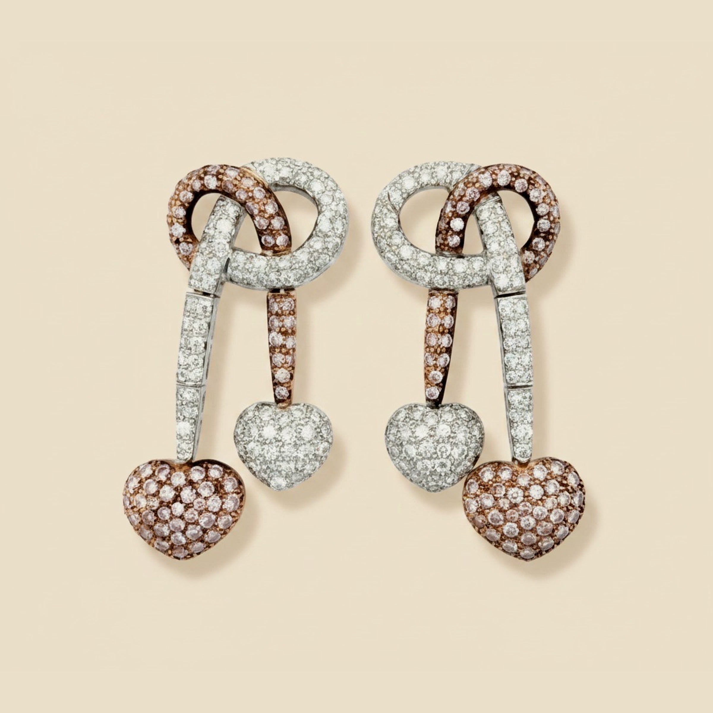 Two Tone Diamond Tassel Heart Earrings