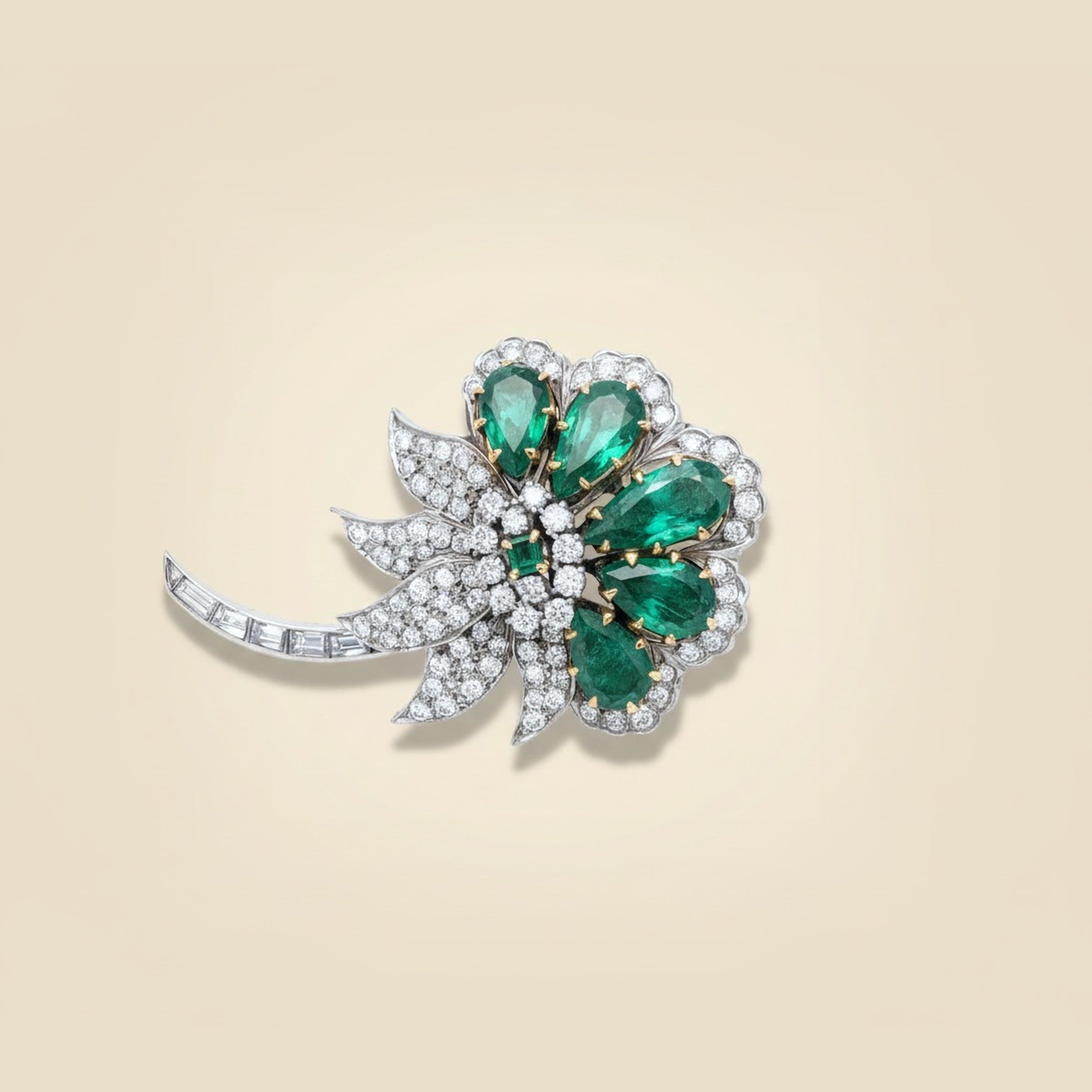 Platinum & 14k Yellow Gold Emerald & Diamond Flower Pin