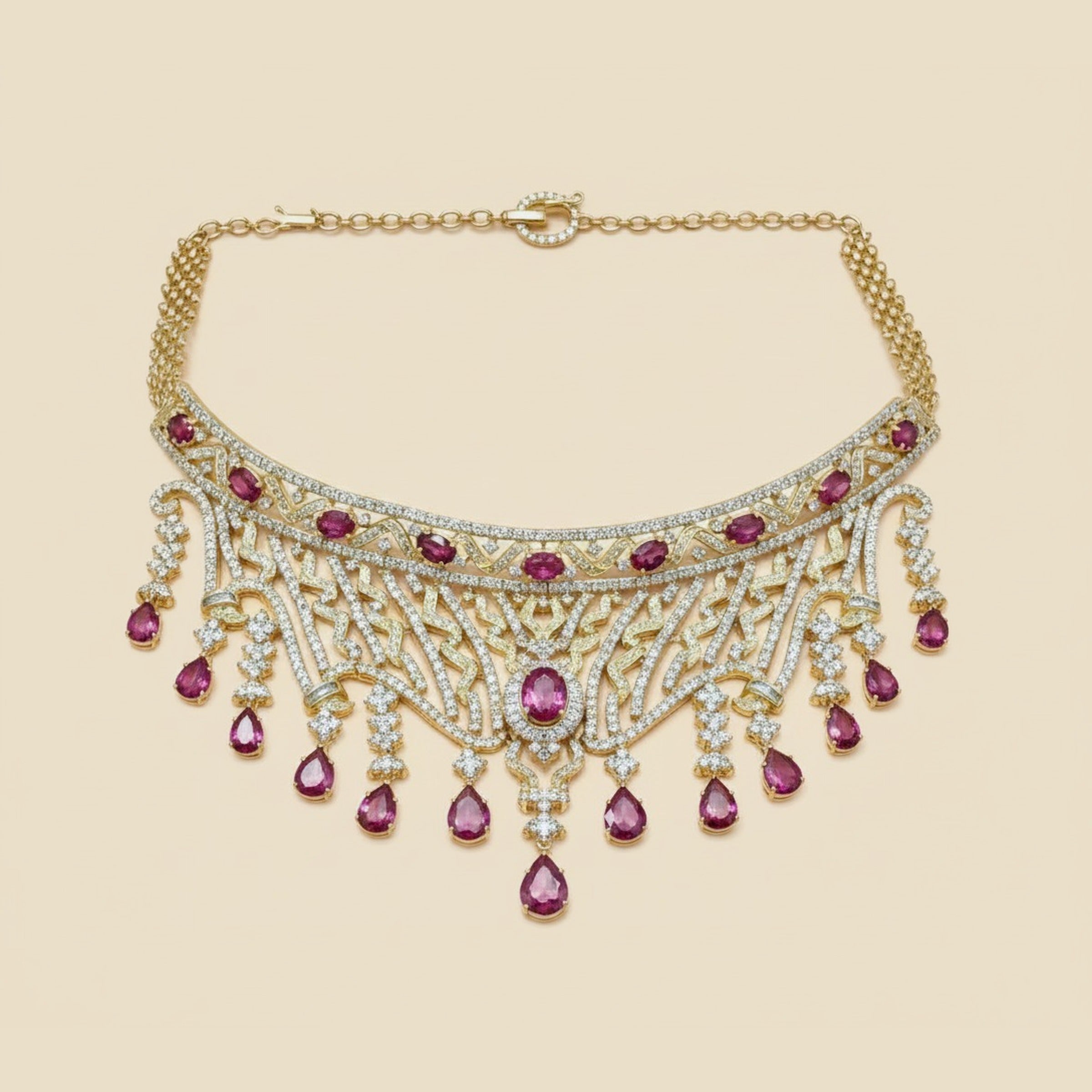 Stunning Yellow Gold Diamond & Rubellite Necklace