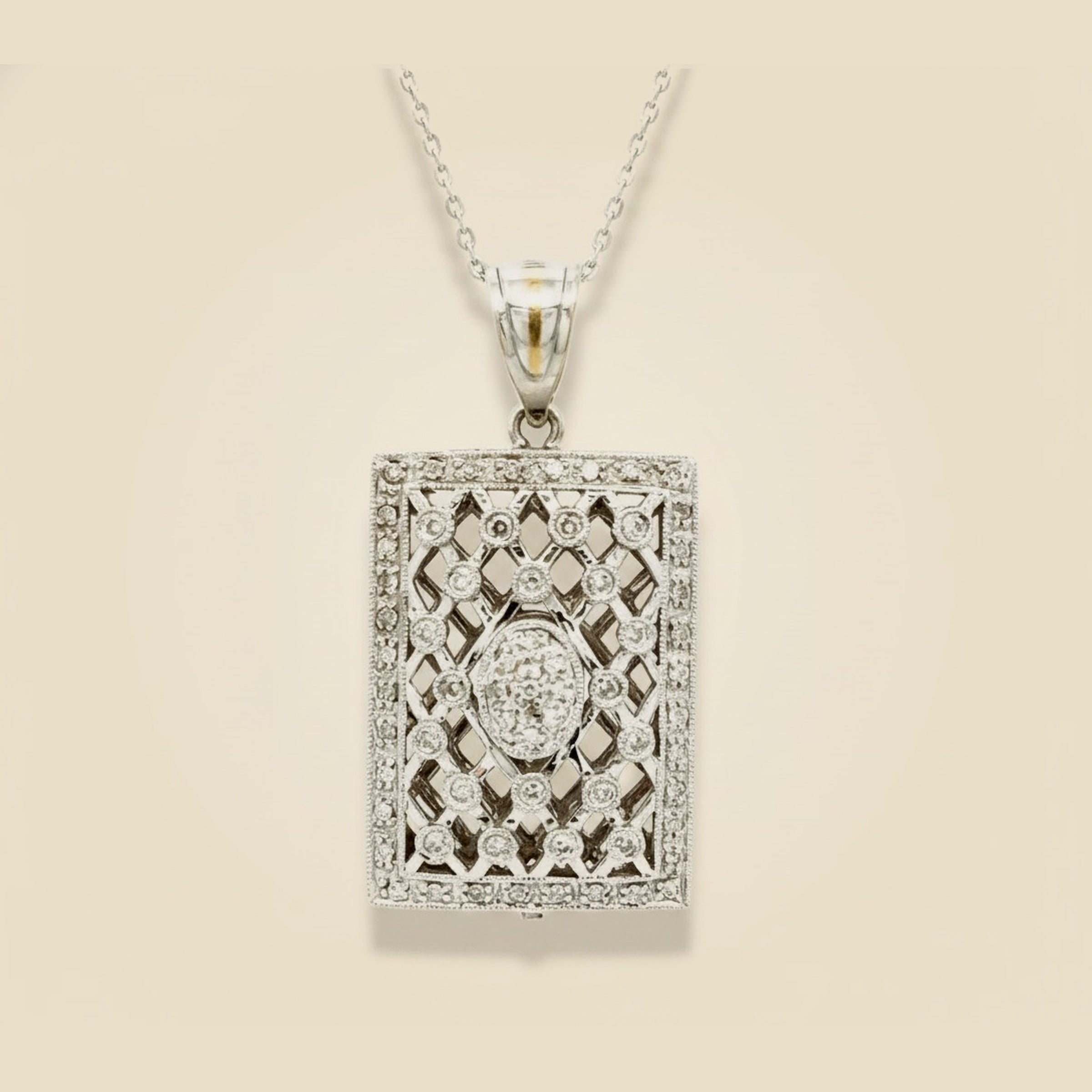 Fancy Oval Link Chain & Open-Work Diamond Locket Pendant Necklace