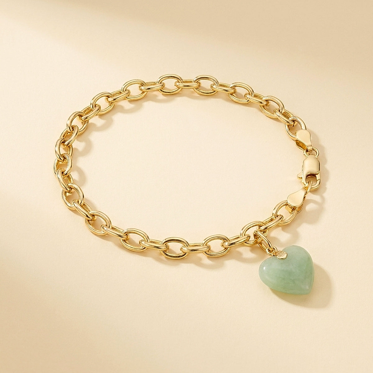 Unisex Yellow Gold Oval Link Heart Charm Bracelet