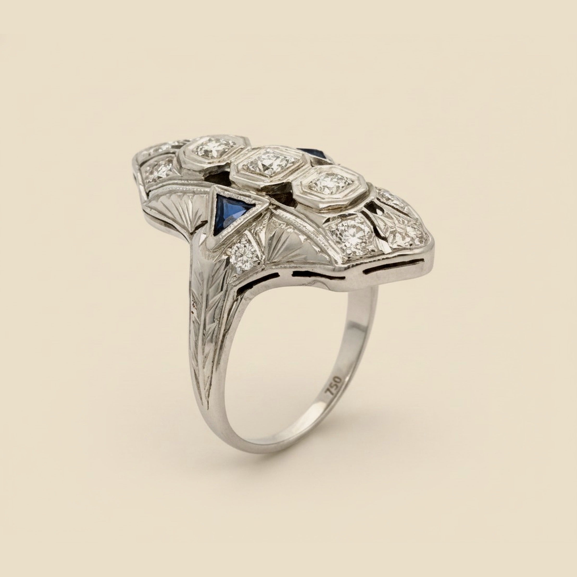 Art Deco 20k White Gold Diamond/Sapphire Dinner Ring