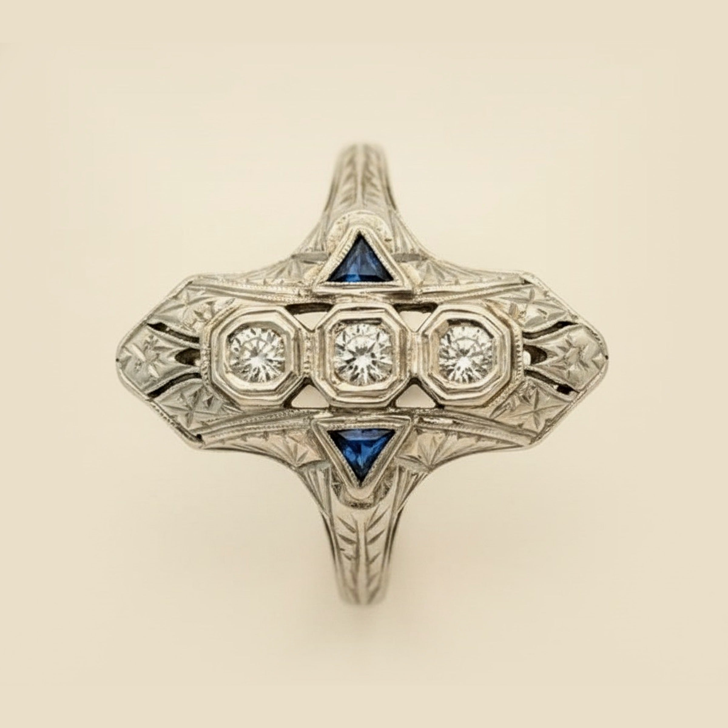 Art Deco 20k White Gold Diamond/Sapphire Dinner Ring