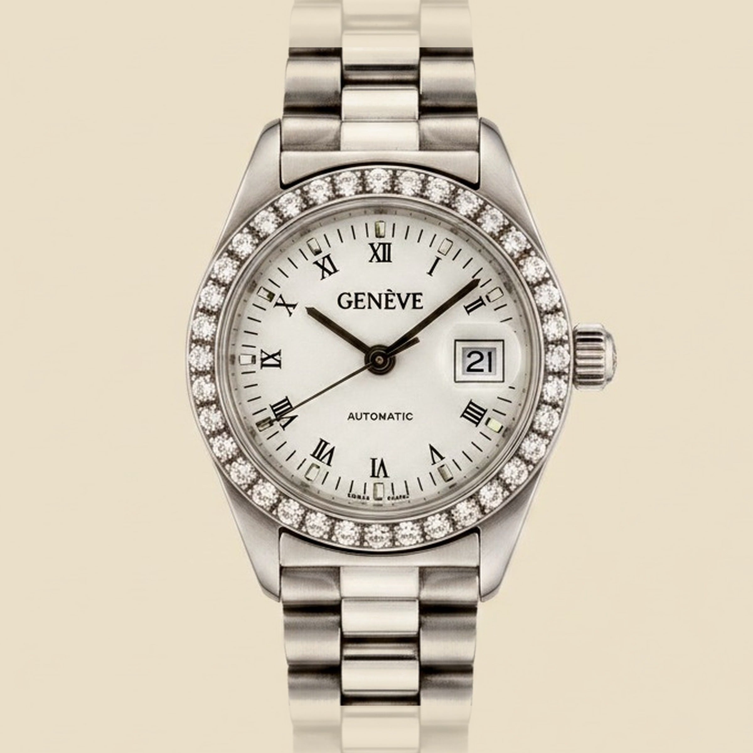 Geneve Swiss Automatic White Gold Lady's Wrist Watch w/ Diamond – Empire Diamond – view 2