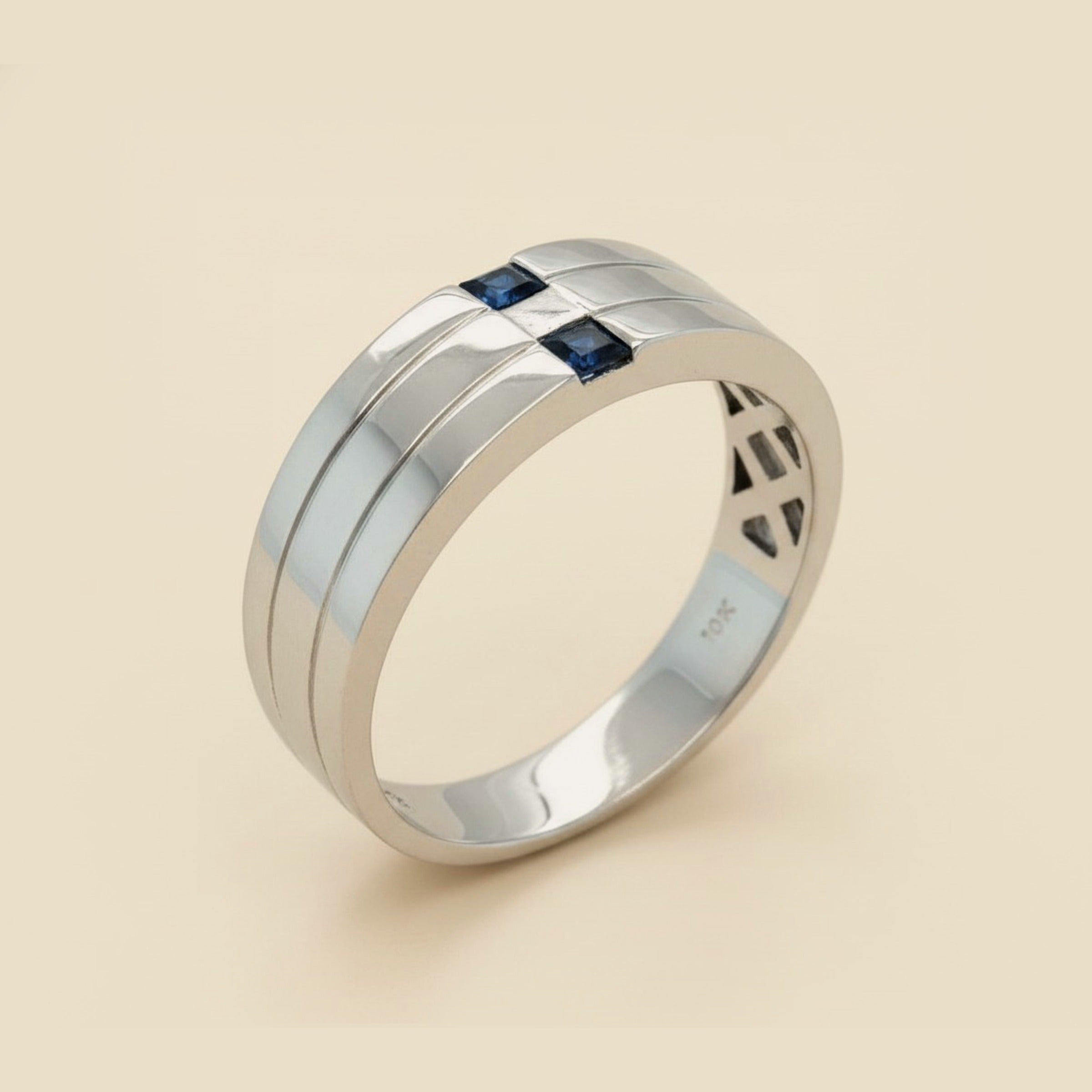 Gents 14k White Gold Diamond & Sapphire Band Ring
