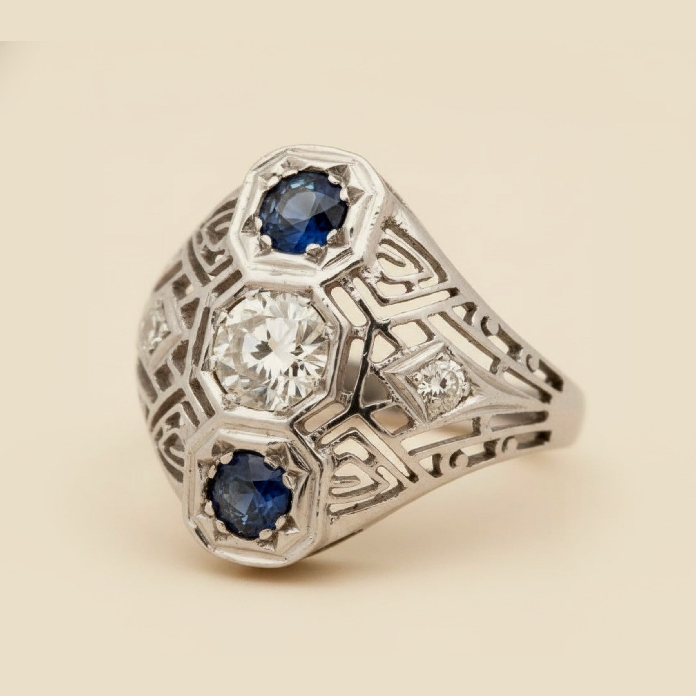 Lady's Art Deco Filigree Diamond & Sapphire Dinner Ring – Empire Diamond