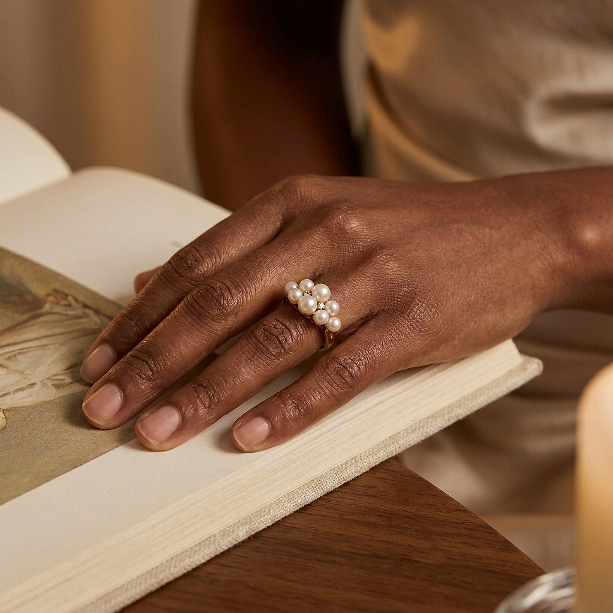 14K Yellow Gold Pearl Cluster & Diamond Cocktail Ring