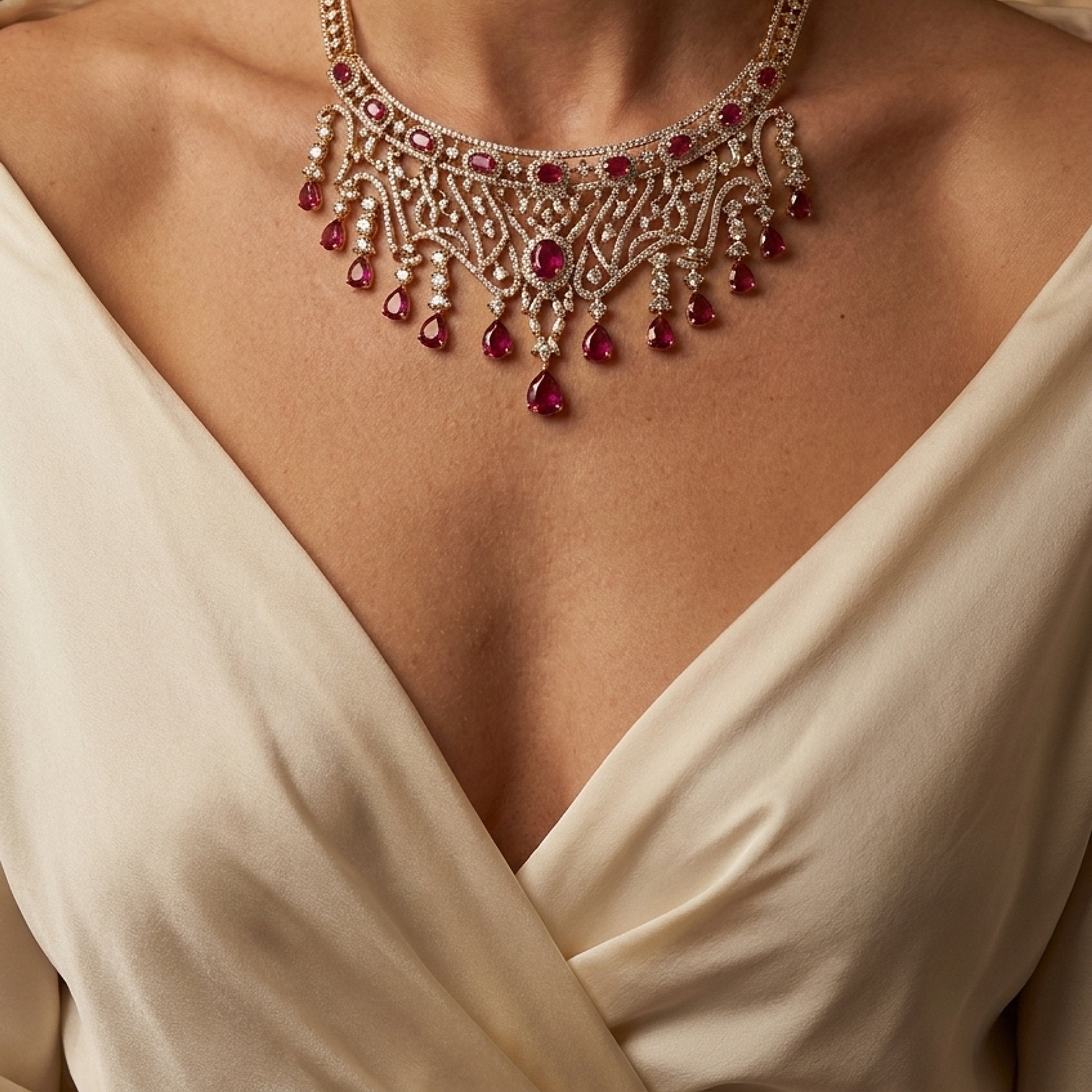 Stunning Yellow Gold Diamond & Rubellite Necklace