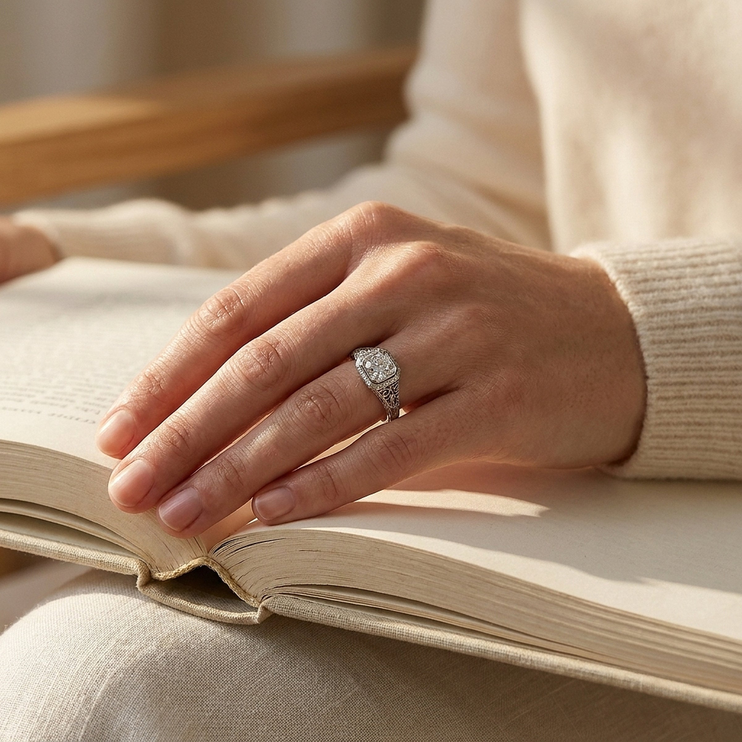 Art Deco 18K White Gold Filigree Diamond Solitaire Ring