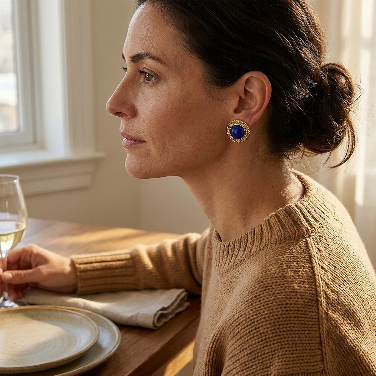 14K Yellow Gold Handmade Lapis Earrings
