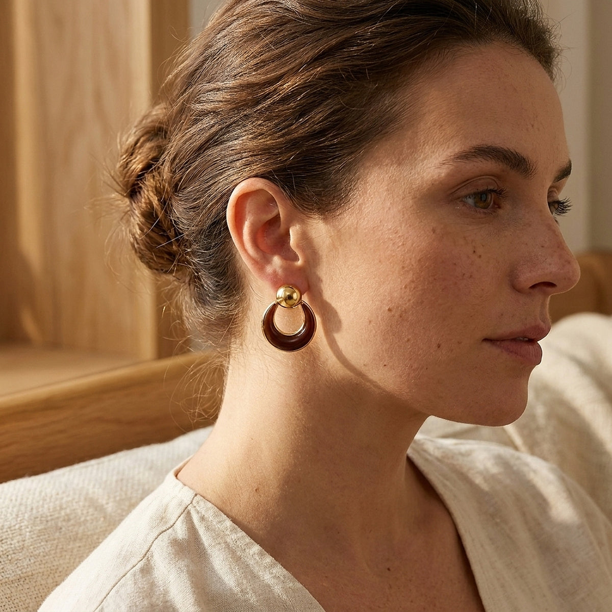 14K Yellow Gold Carnelian Doorknocker Earrings