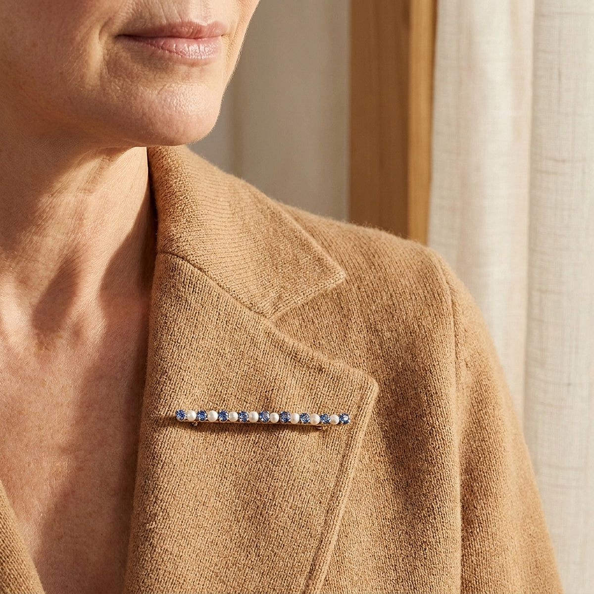 14K Yellow Gold Sapphire and Seed Pearl Bar Pin