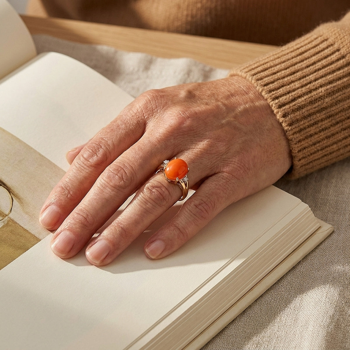 14K Yellow Gold Carnelian and Diamond Cocktail Ring