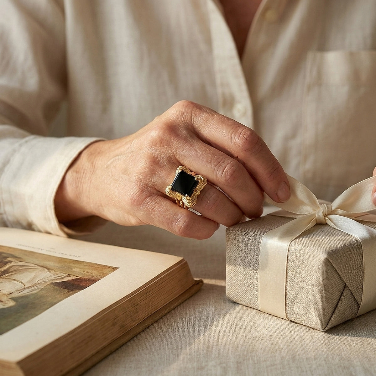 14K Yellow Gold Rectangular Onyx Ring