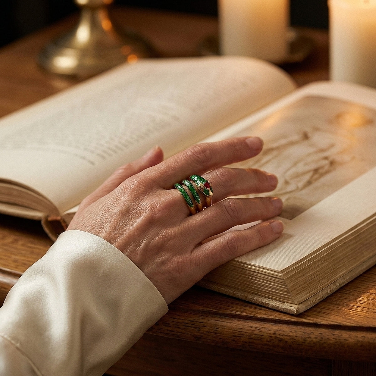 18K Yellow Gold Snake Ring with Green Enamel and Rubies
