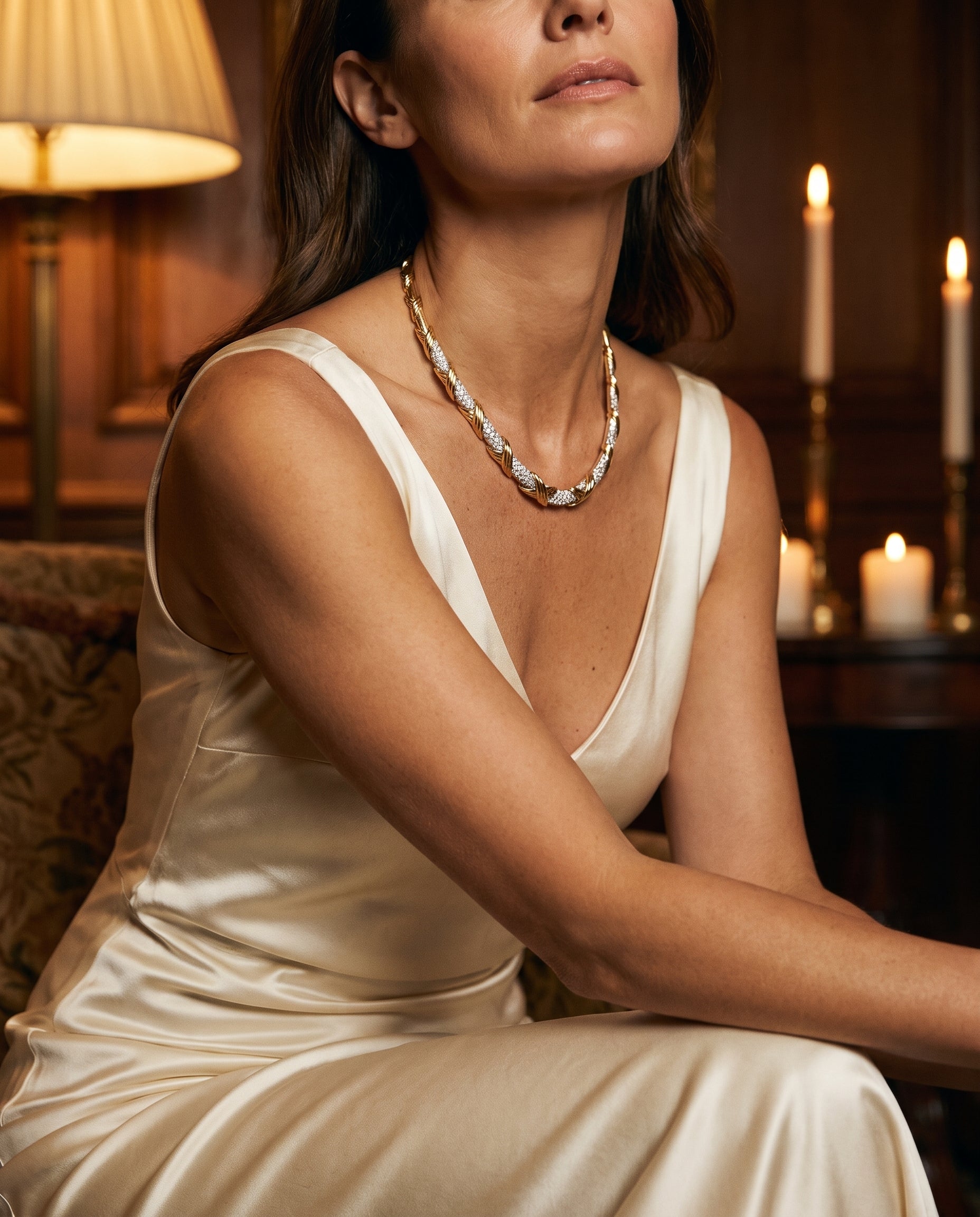 Fancy Graduated X Bar & Pave Diamond Choker Necklace — shown worn