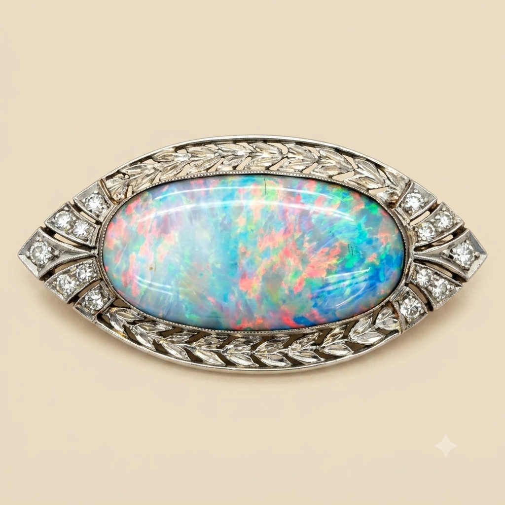 Platinum Art Deco Opal and Diamond Navette Brooch