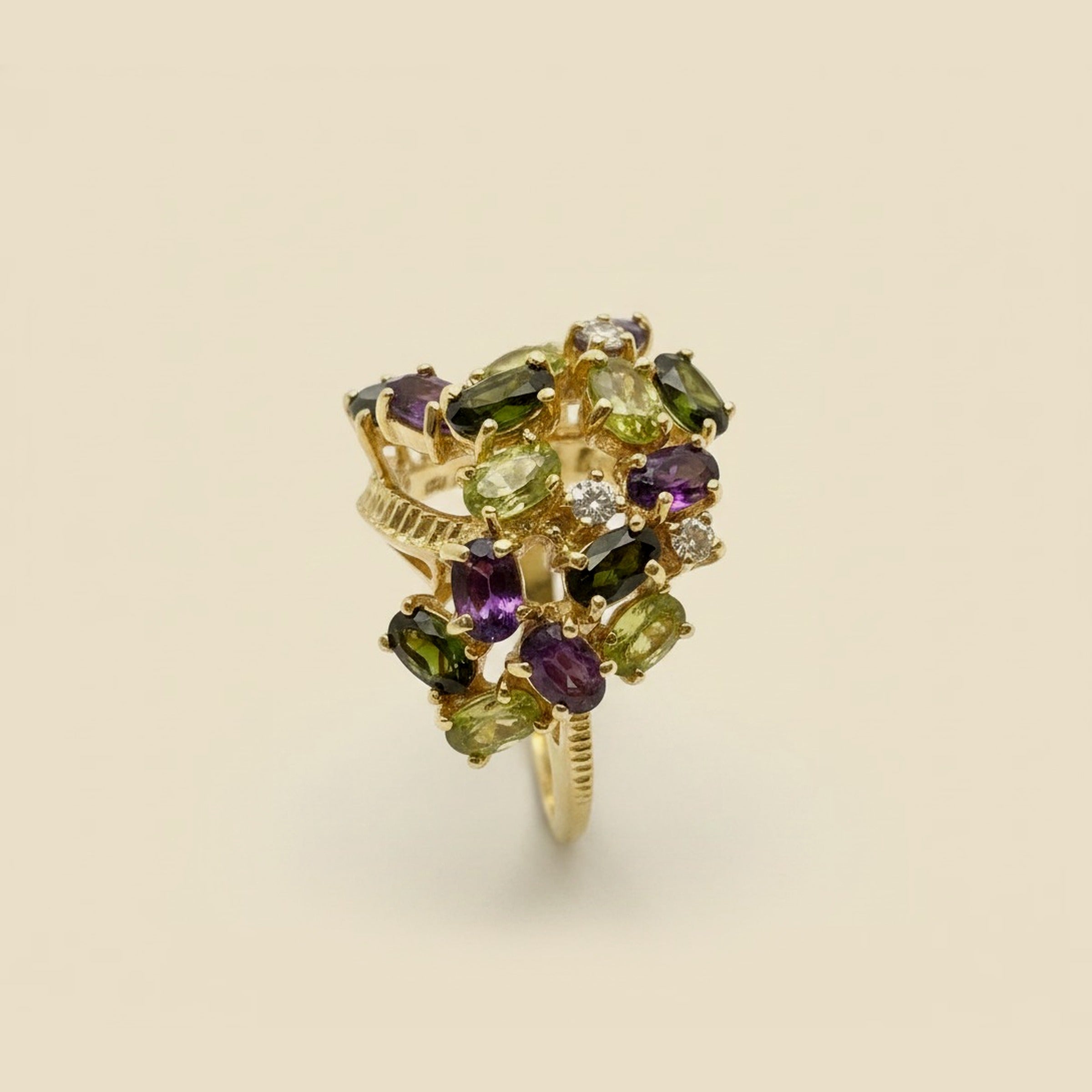 Oval Peridot Green Tourmaline Amethyst & Diamond Cluster Ring – Empire Diamond – view 2
