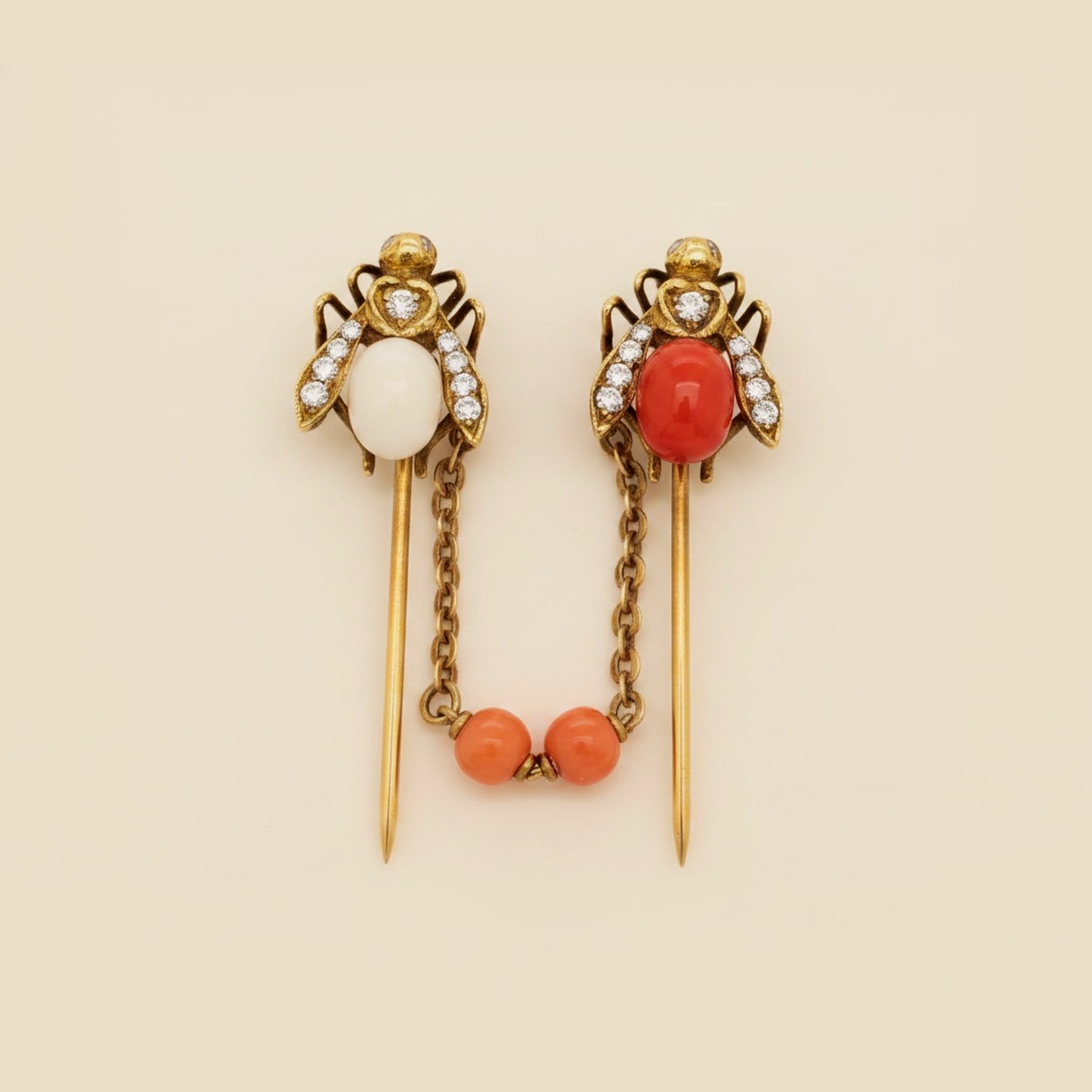 Pair of Matched 14K Victorian Diamond & Coral Fly Stick – Empire Diamond