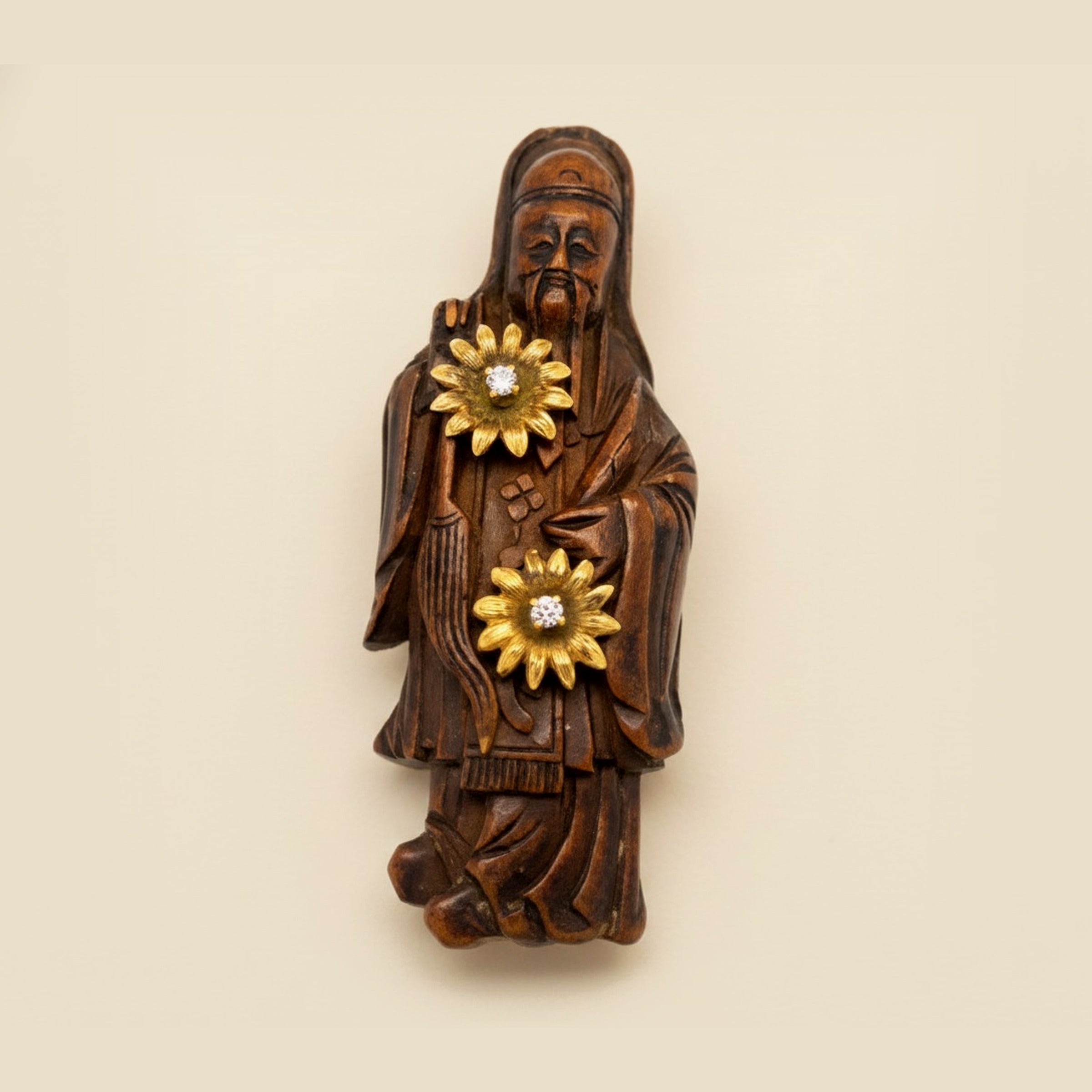 Petrified Wood Carved Chinese Philosopher Pin/Pendant