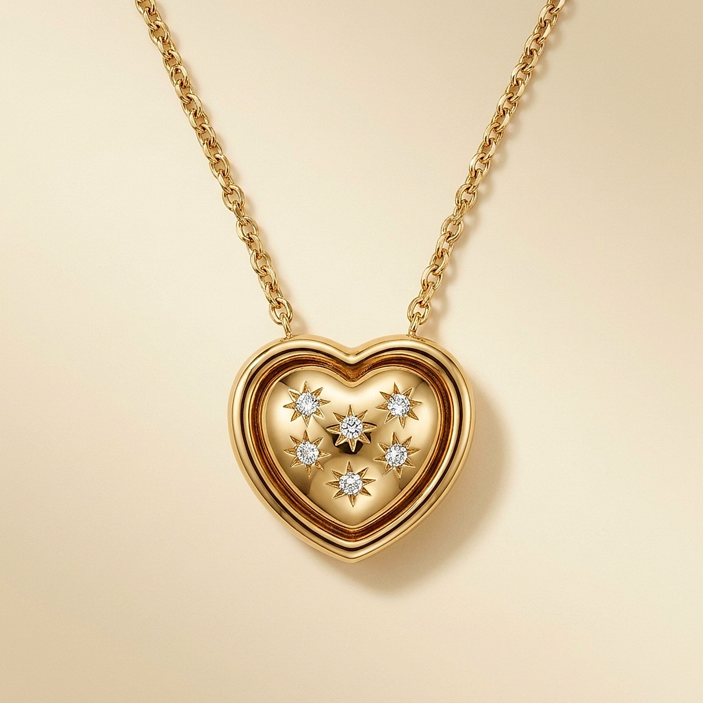 14K & 18K Yellow Gold Diamond Puffy Heart Pendulum Pendant Necklace