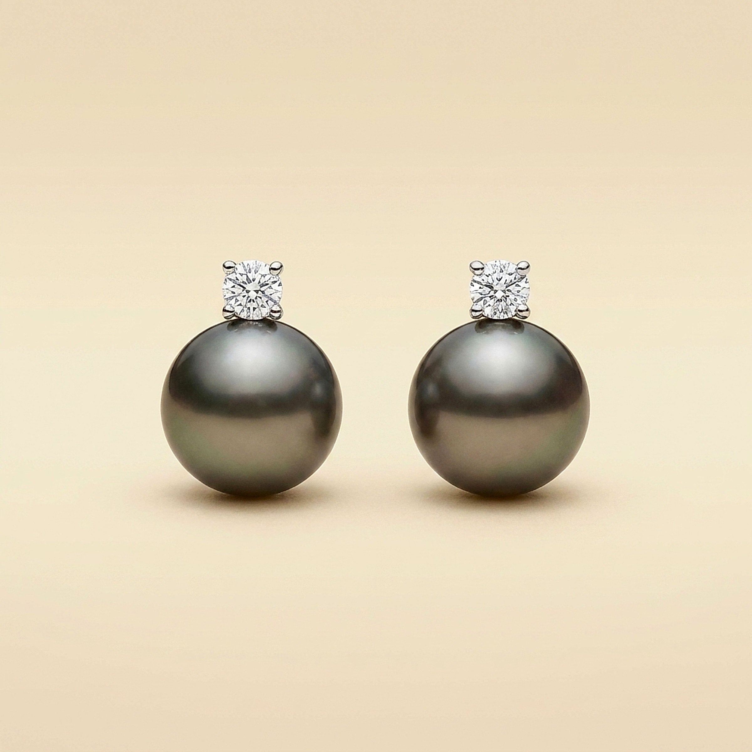14K White Gold Black Pearl and Diamond Stud Earrings
