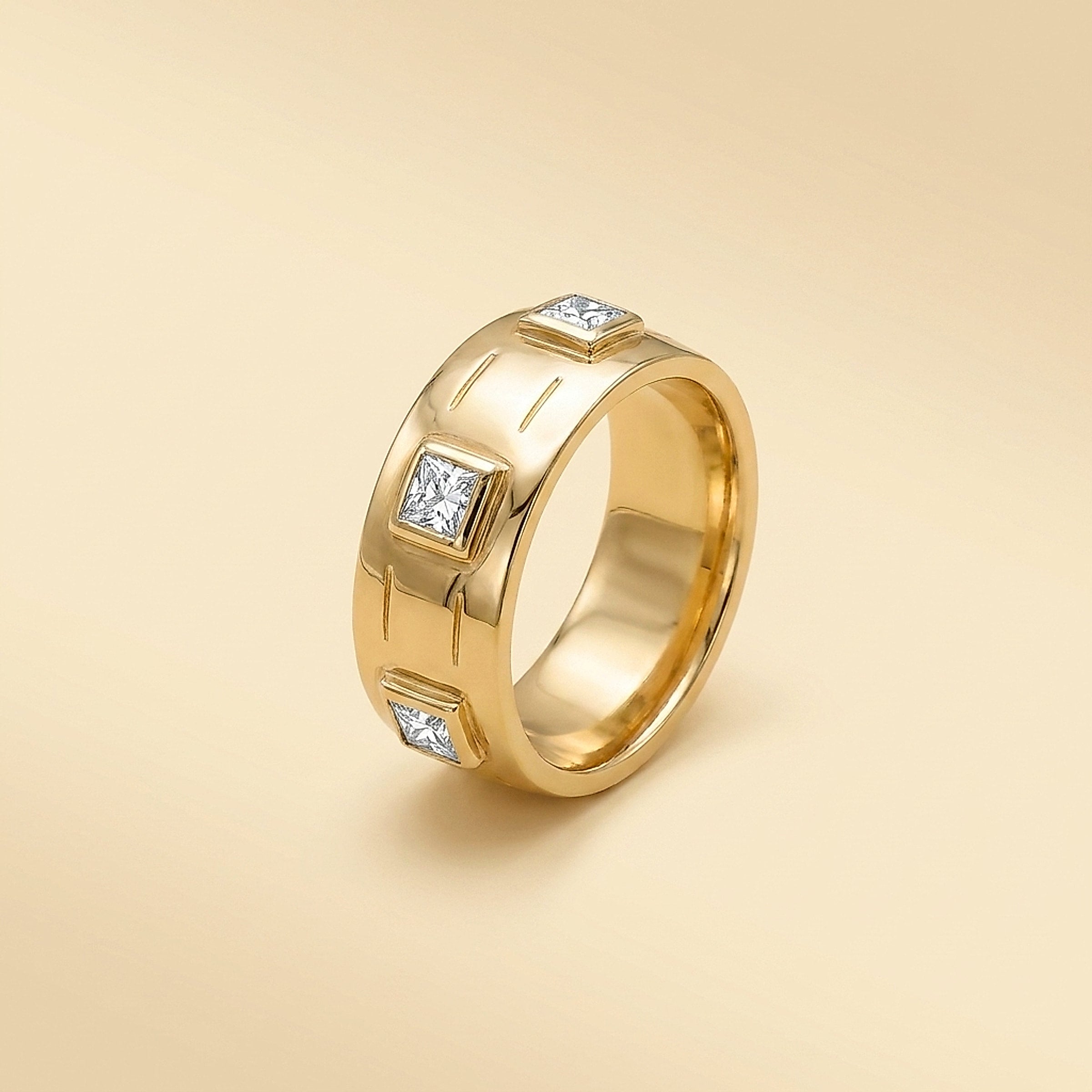 14K Yellow Gold Unisex Princess Cut Diamond Band