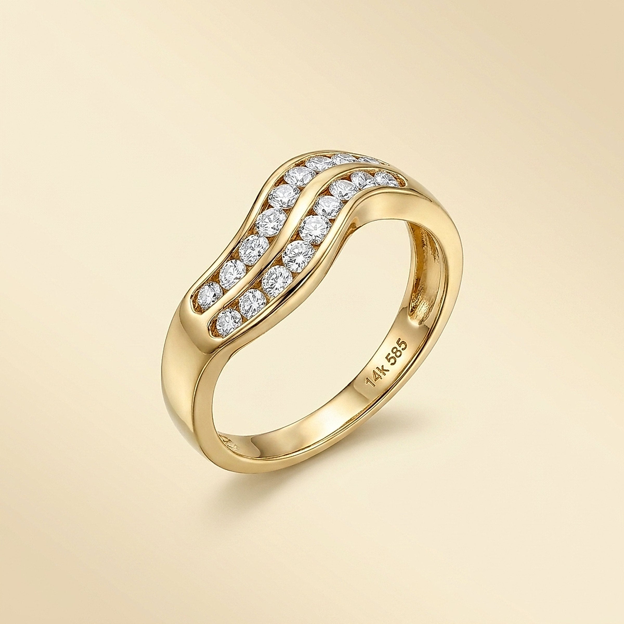 14K Yellow Gold Wavy Two Row Channel Set Diamond Band