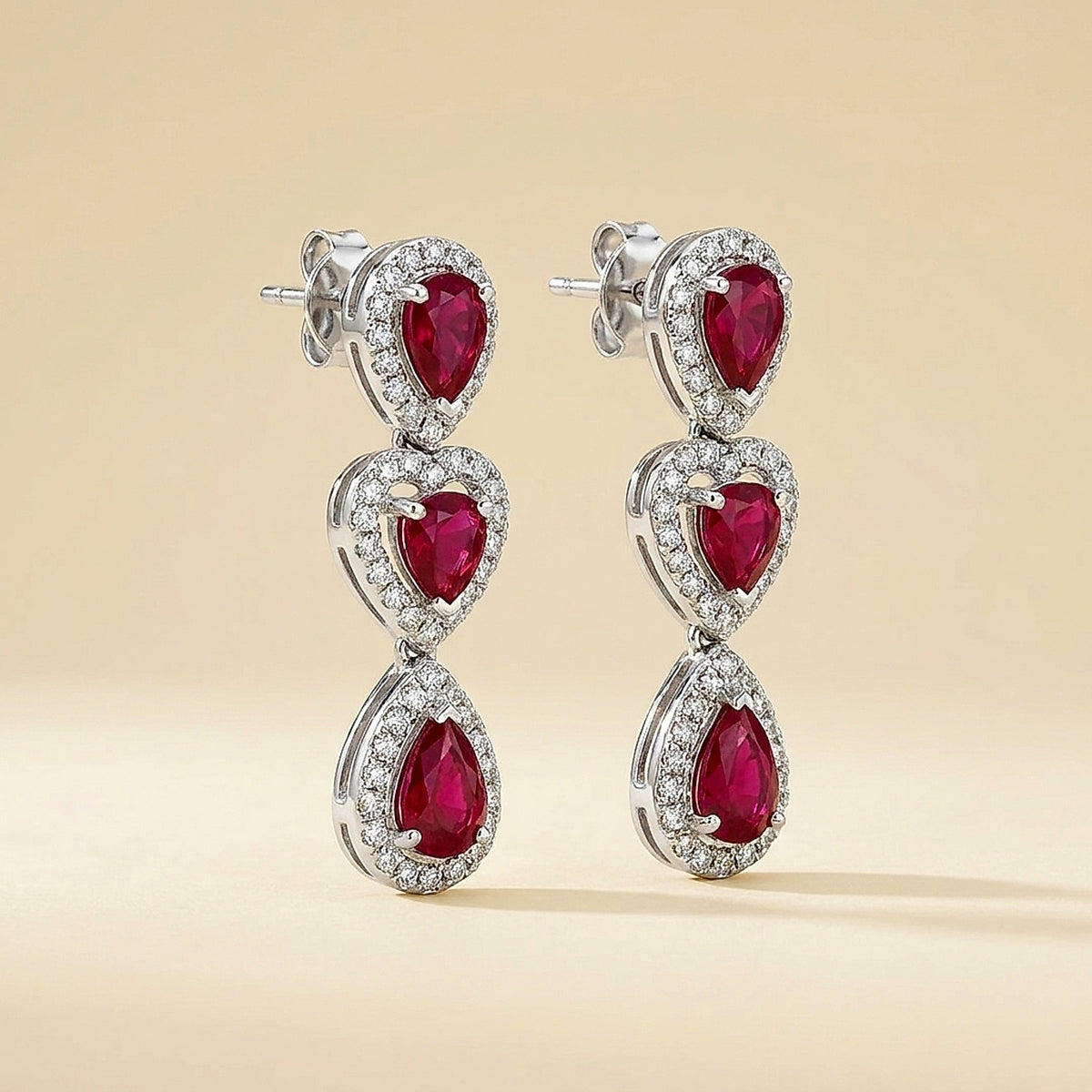 18K White Gold Burma Ruby and Diamond Drop Earrings