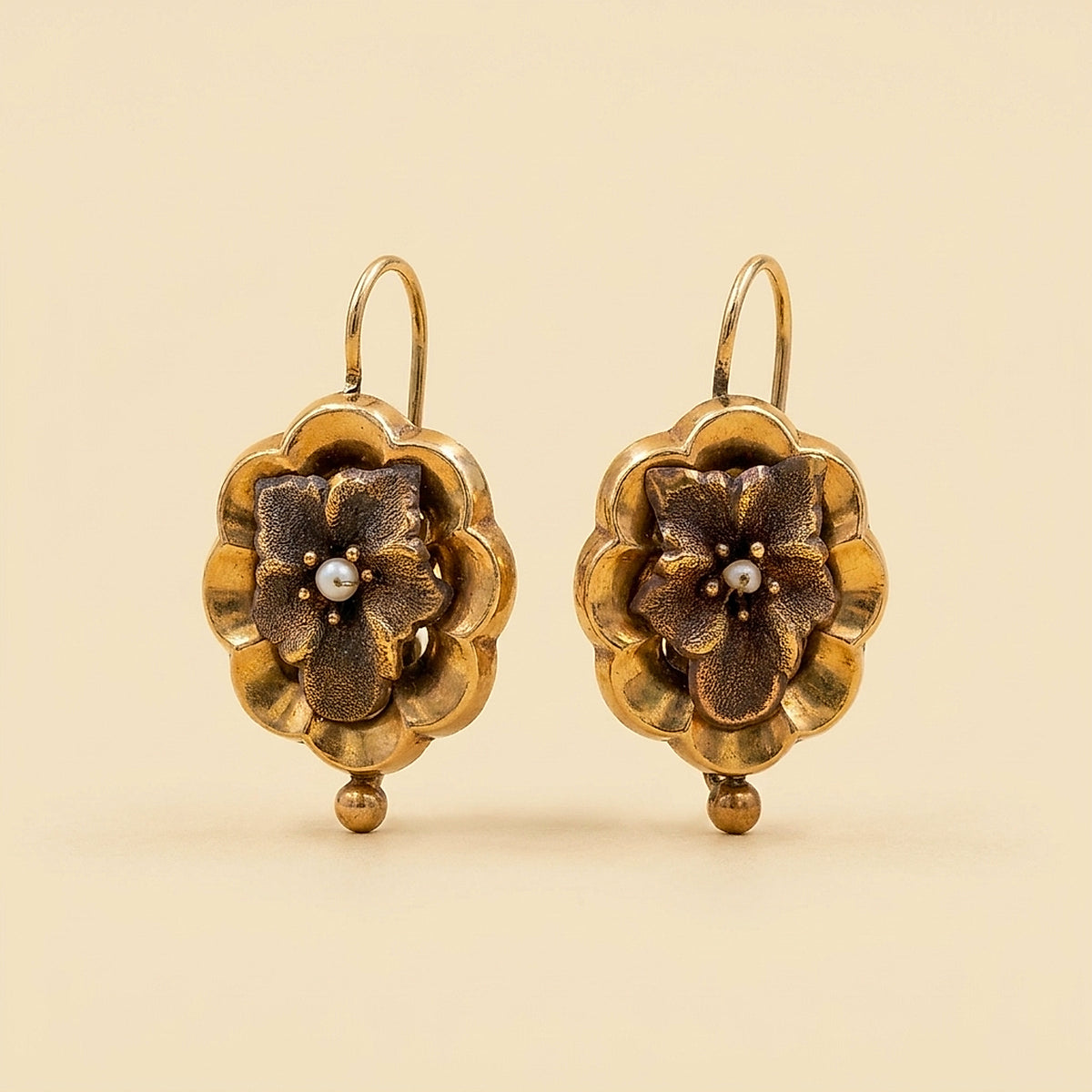 Victorian 15K Rose Gold Seed Pearl Floral Earrings