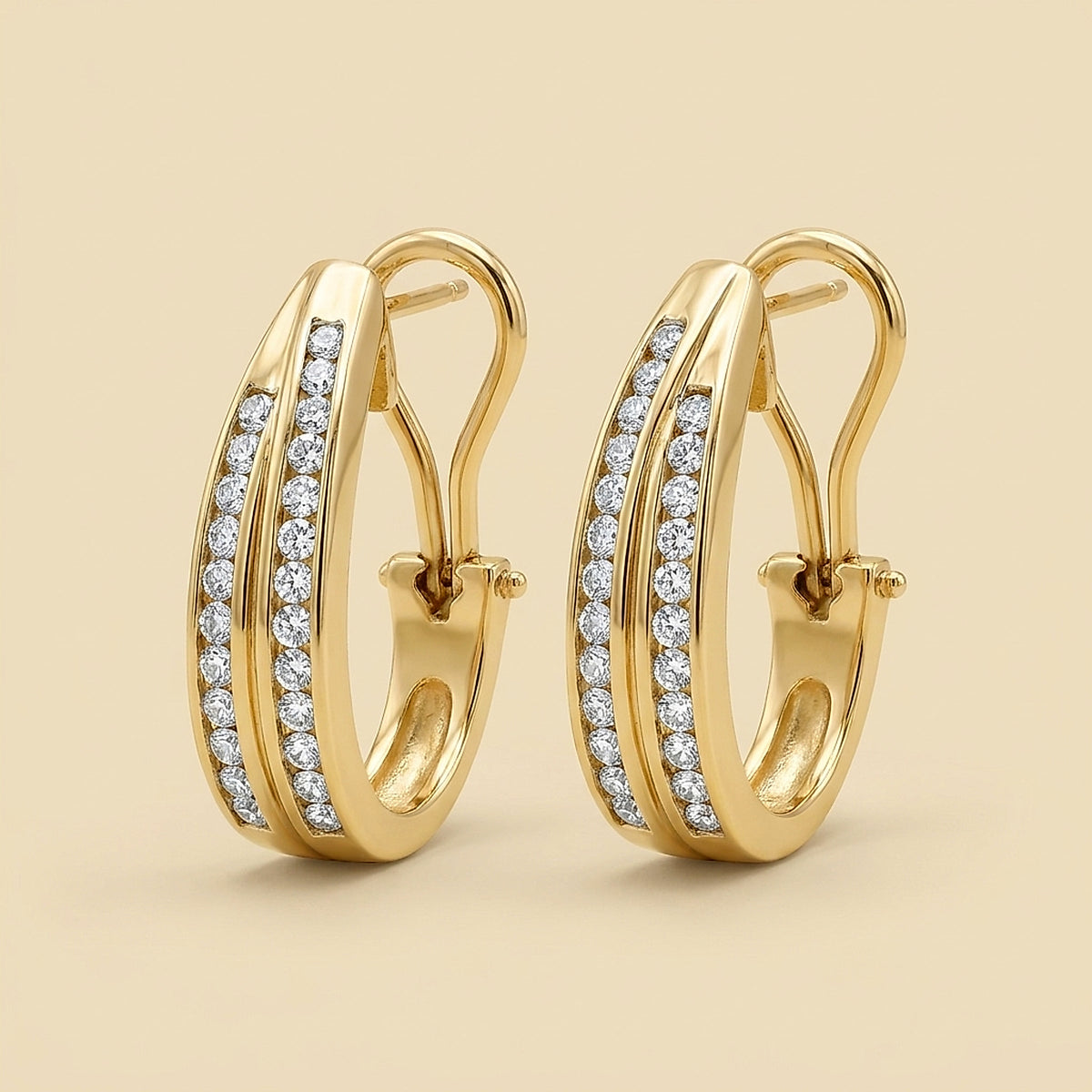 14K Yellow Gold Double Row Diamond J-Hoop Earrings