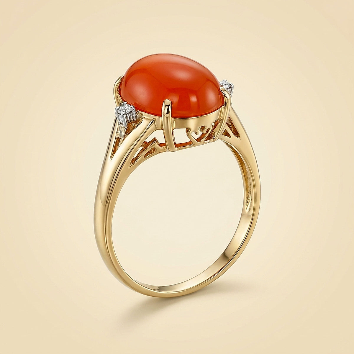 14K Yellow Gold Carnelian and Diamond Cocktail Ring