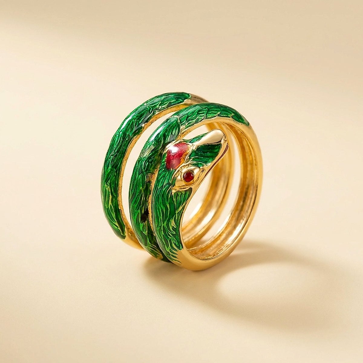 18K Yellow Gold Snake Ring with Green Enamel and Rubies