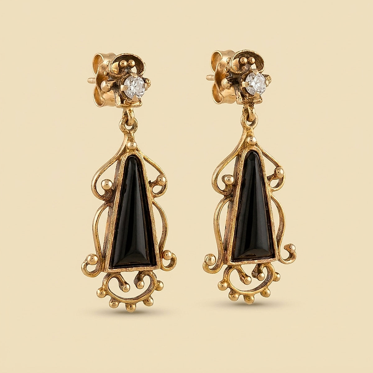 Antique 14K Yellow Gold Onyx and Diamond Drop Earrings