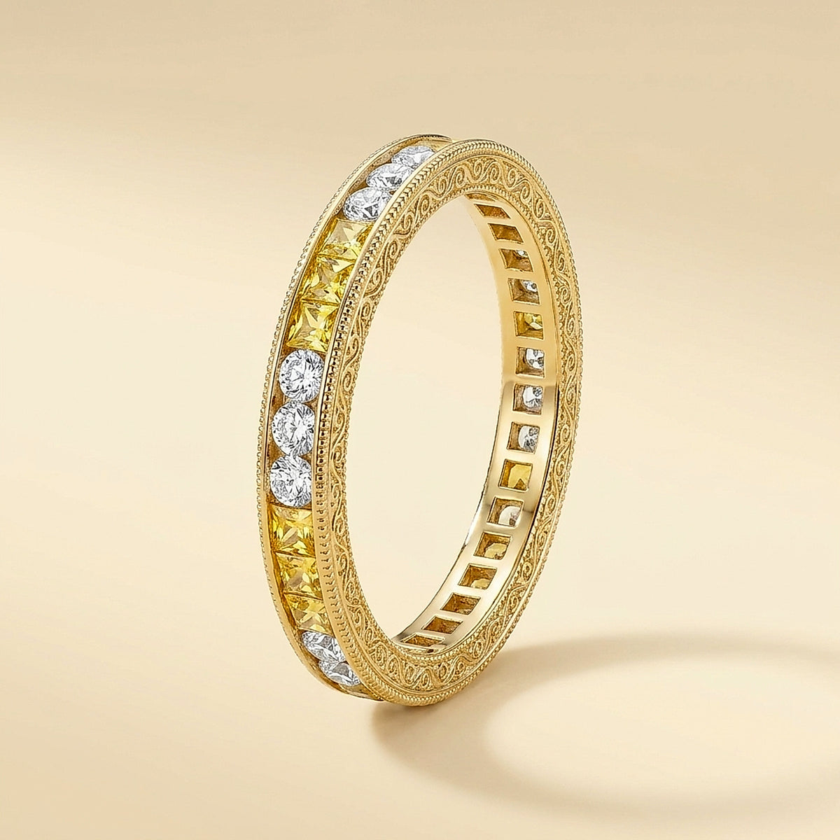 18K Yellow Gold Diamond and Yellow Sapphire Band