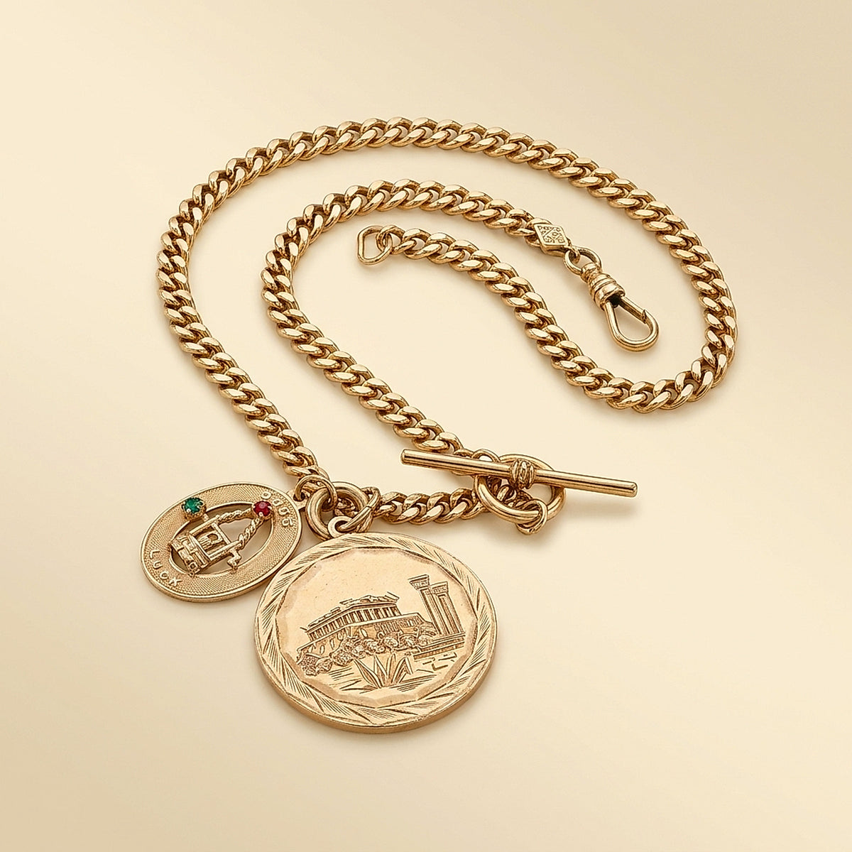 14K Yellow Gold Turn of the Century Watch Fob Chain with Charms