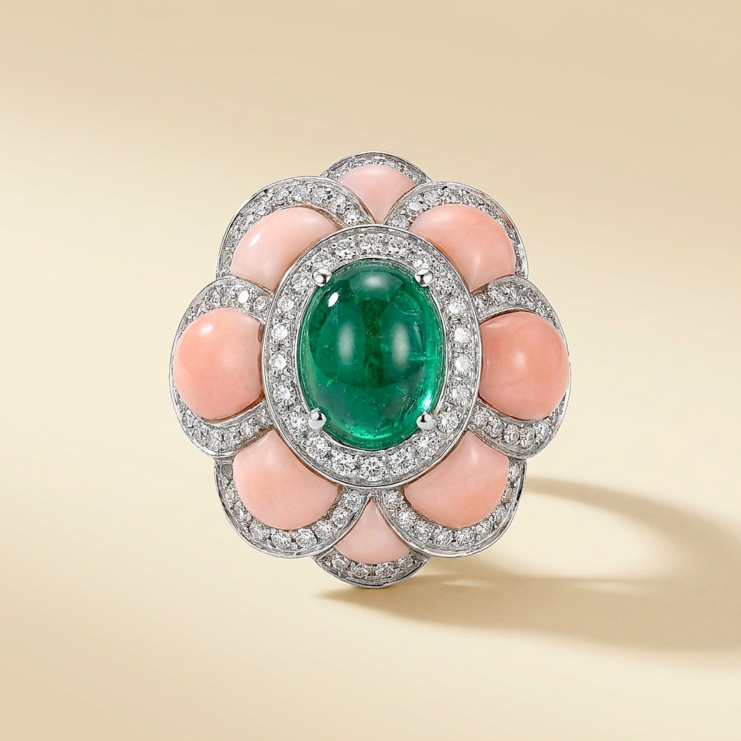 Andreoli 18K White Gold, Emerald, Diamond, and Coral Cocktail Ring