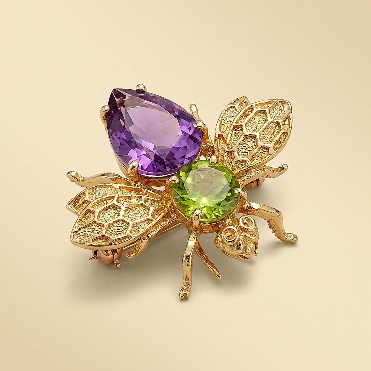 14K Yellow Gold Amethyst and Peridot Fly Pin