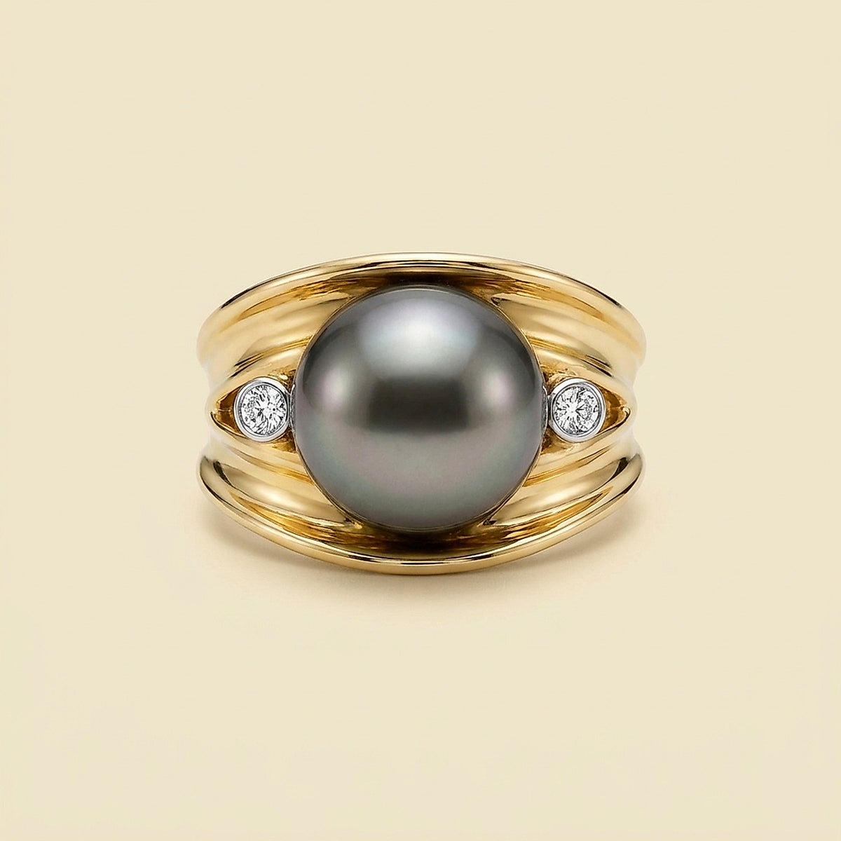 18K Yellow Gold Tahitian Pearl and Diamond Cocktail Ring