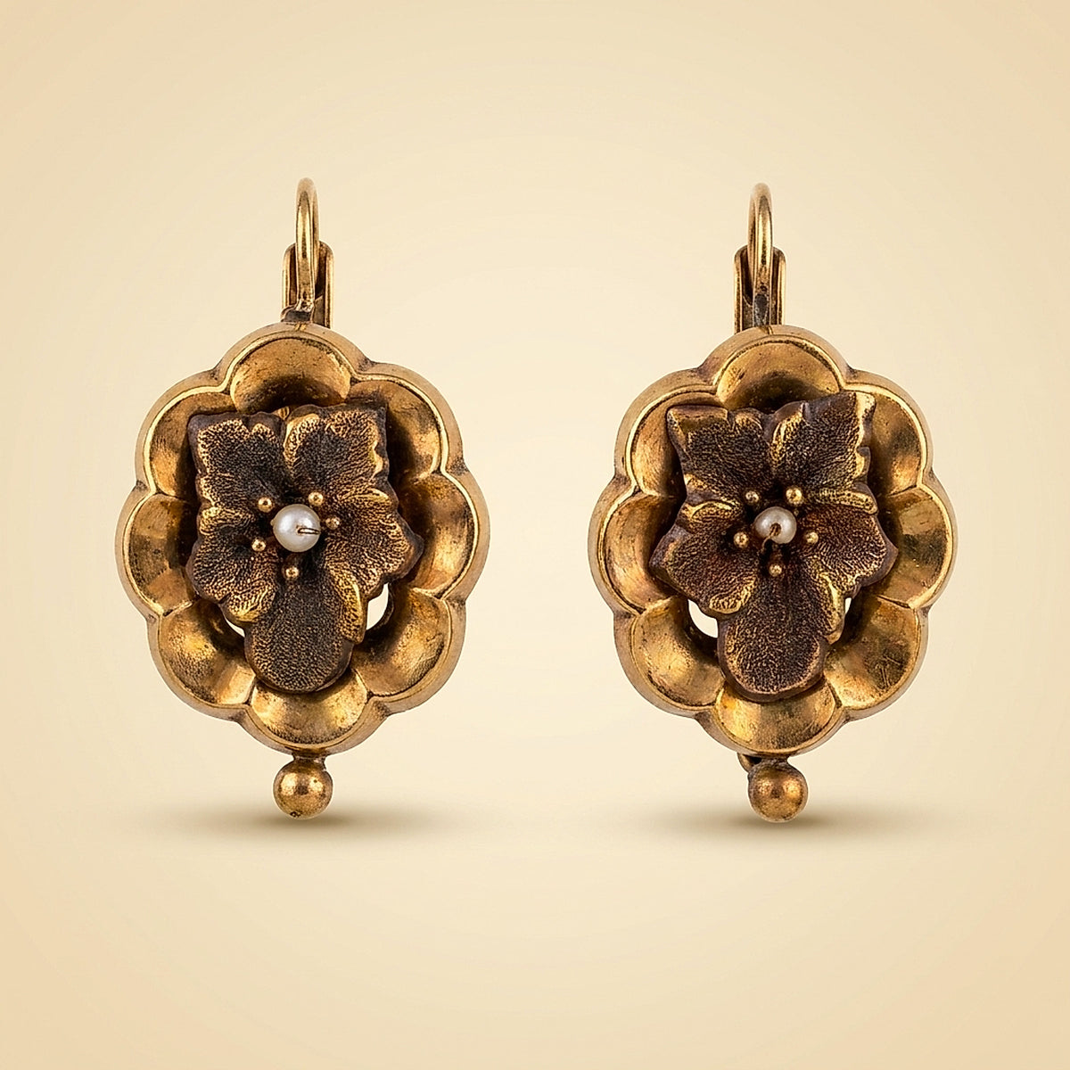 Victorian 15K Rose Gold Seed Pearl Floral Earrings