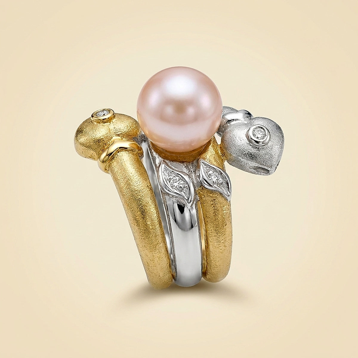 18K Yellow Gold Cultured Pearl and Diamond Bypass Ring