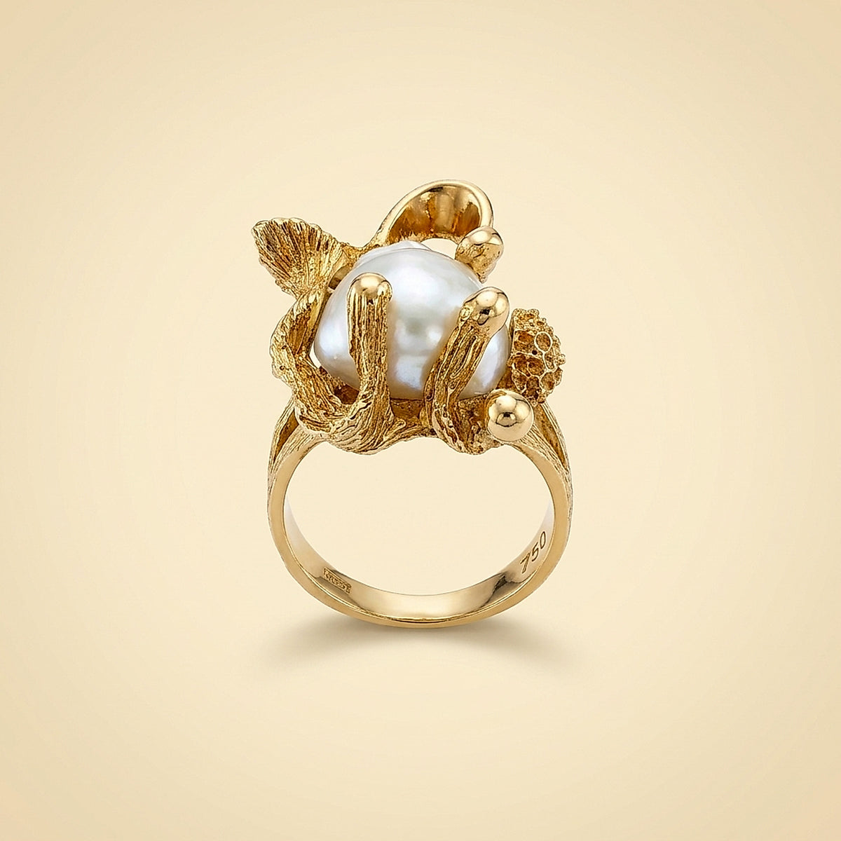 14K Yellow Gold Abstract Snail and Baroque Pearl Ring