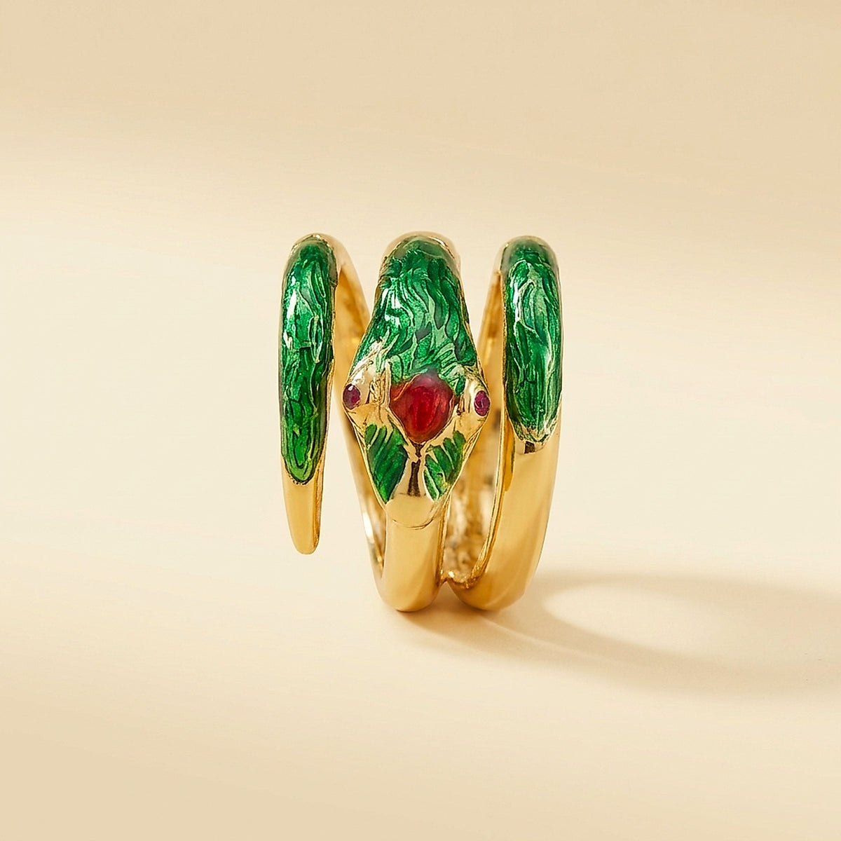 18K Yellow Gold Snake Ring with Green Enamel and Rubies
