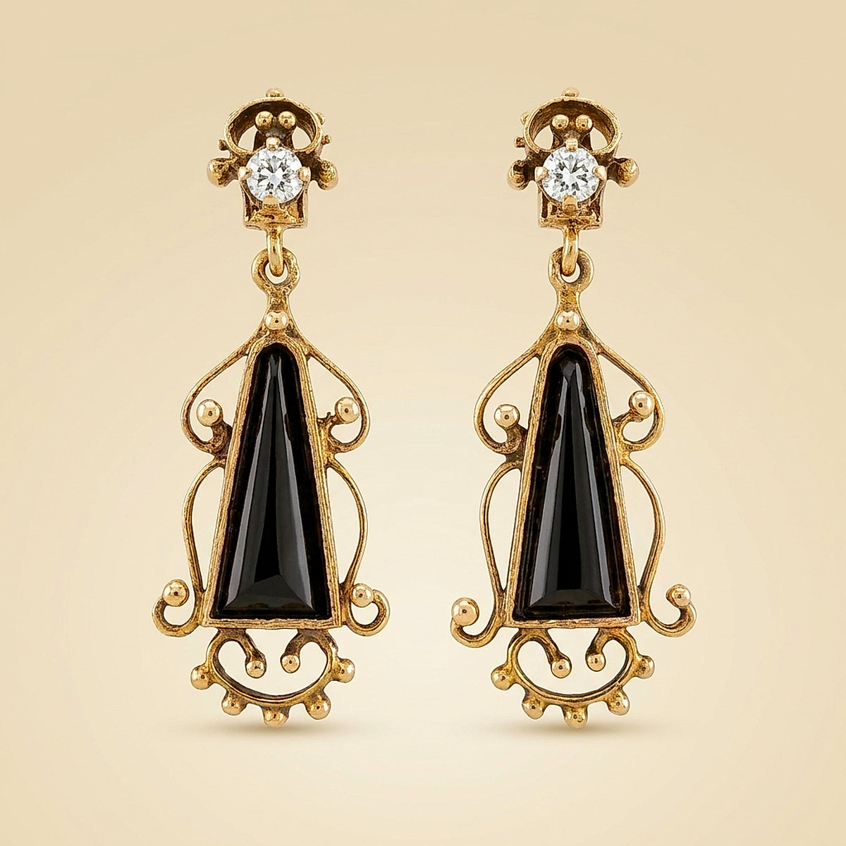 Antique 14K Yellow Gold Onyx and Diamond Drop Earrings