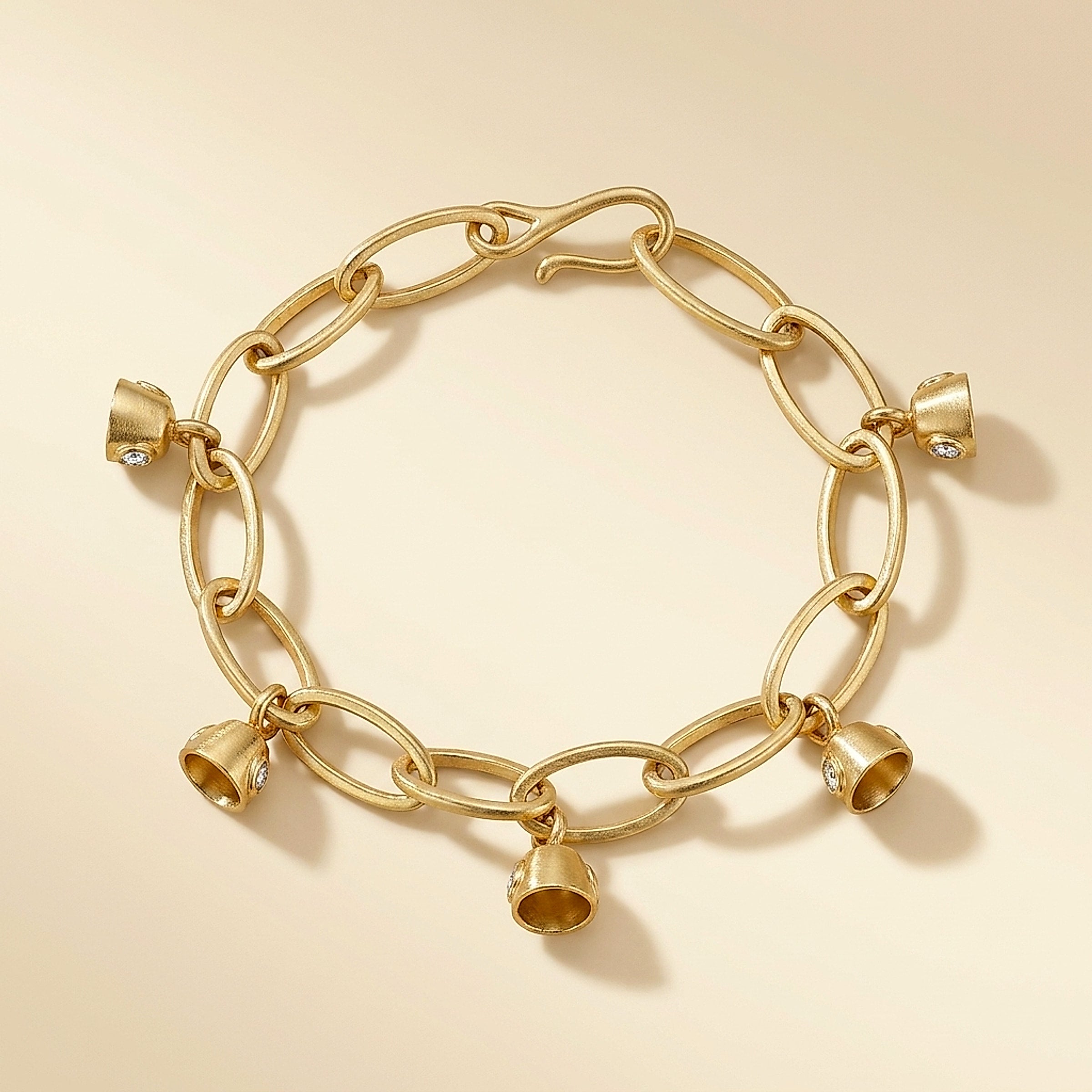18K Yellow Gold Matte Oval Link Bell Charm Bracelet